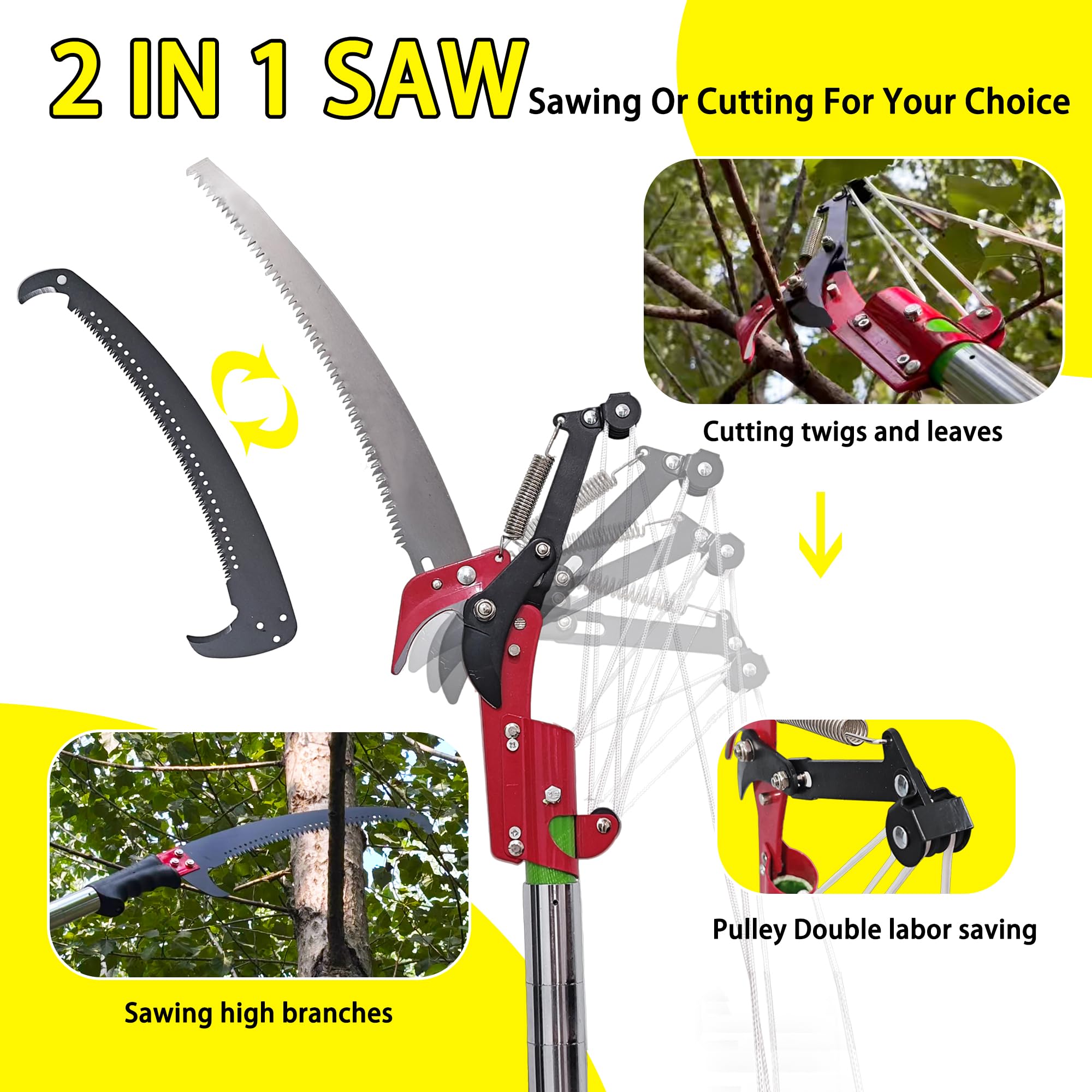 Sierra de poste manual, podadora extensible de 8 a 8 metros, hoja de acero afilada y tijeras para recortar ramas altas, 8 asas ligeras de fibra de vidrio, ideal para podar palma de jardín y