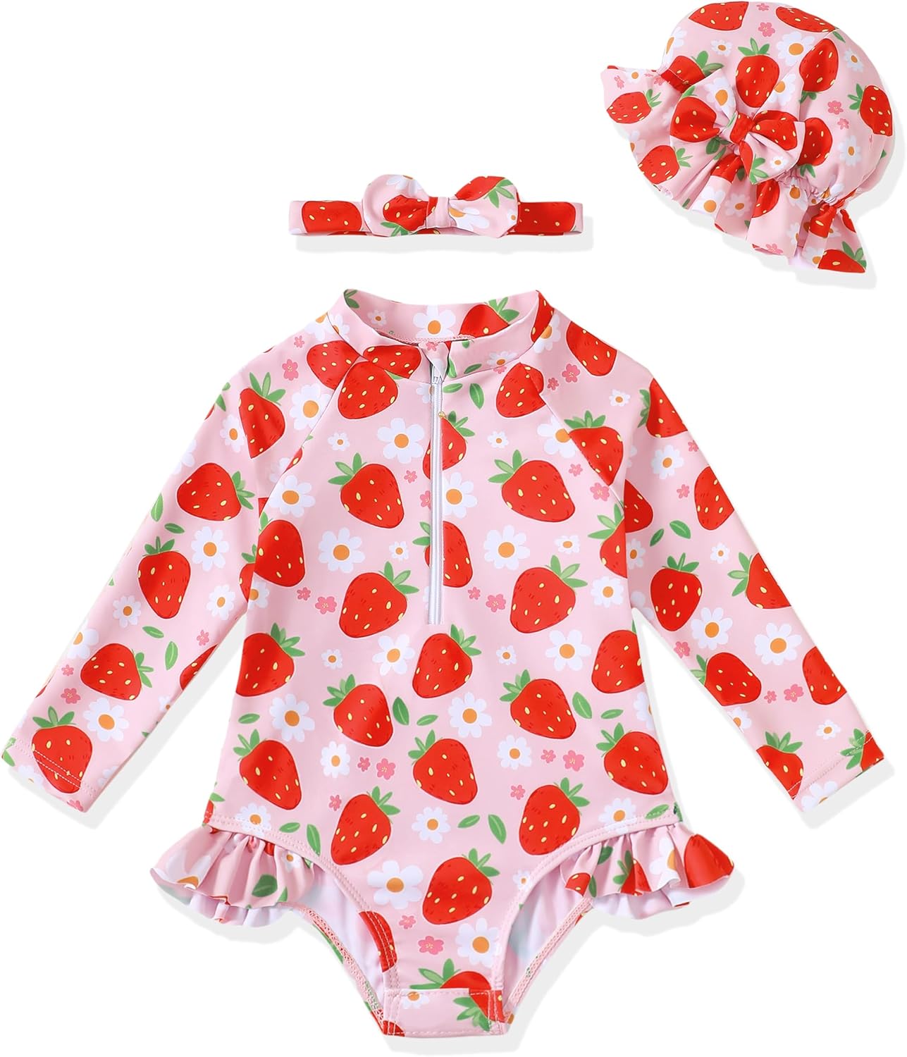 Baby Girl Swimsuit Summer One-Piece Infant Bathing Suit with Hat Long Sleeve Ruffle Zipper Rash Guard Beach Swimwear