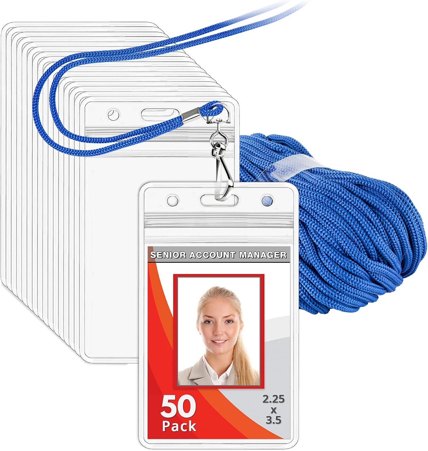 Mifflin-USA Lanyard with Vertical ID Name Holder (Blue Cord, Clear 2.25x3.5 Inch Card Holder, 50 Pack)