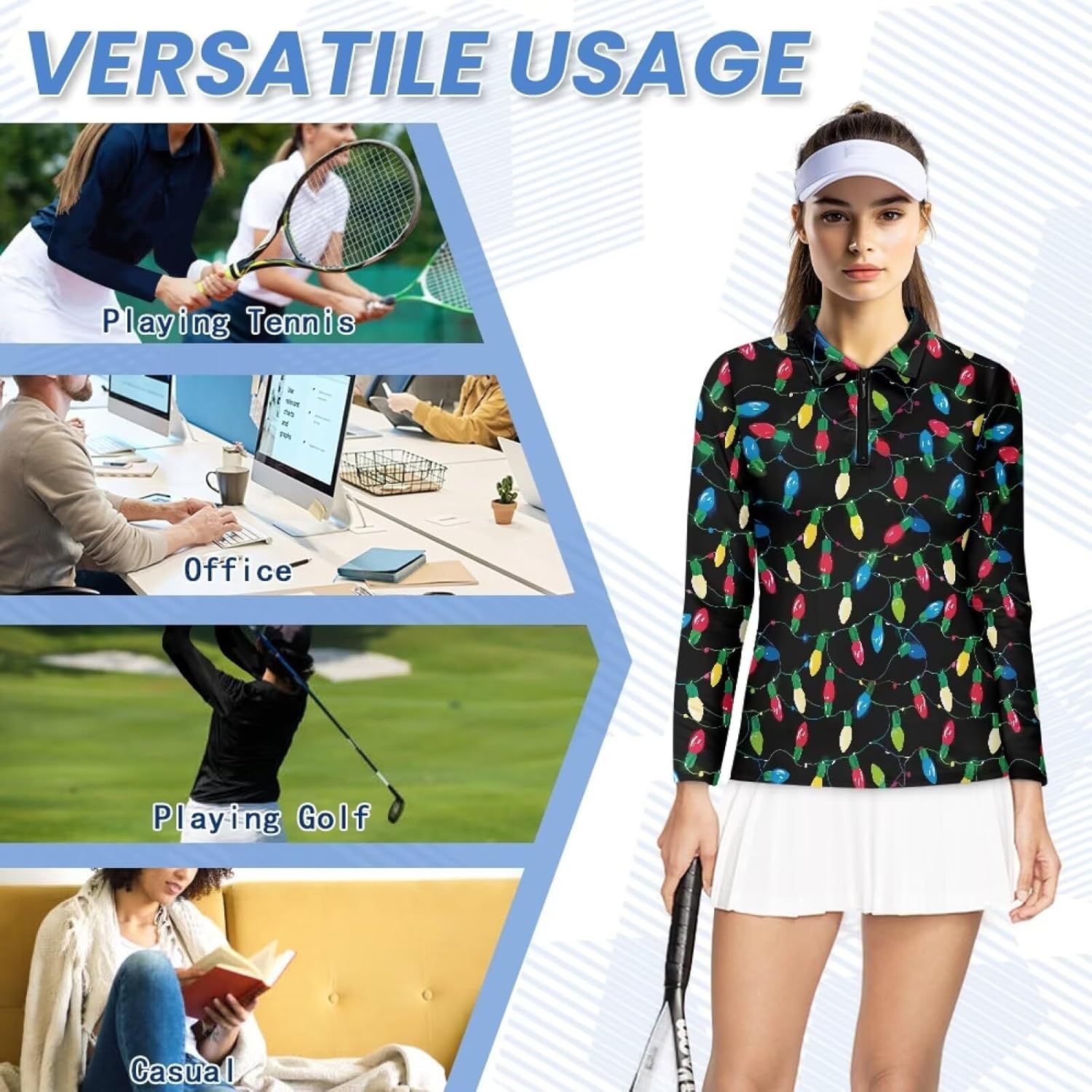 Golf Shirts for Women Long Sleeve Zip Up V-Neck Golf Tennis Shirt Womens Pullover Tops