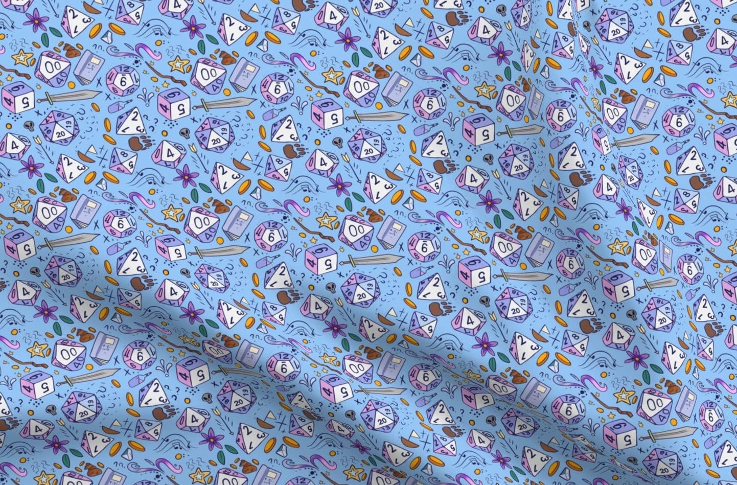 Spoonflower Fabric - Dice Blue Purple Fantasy Illustration Nerd Sword Games Printed on Upholstery Velvet Fabric Fat Quarter - Upholstery Home Decor Bottomweight Apparel