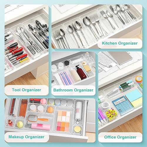 Miniatura 4 de Juego de 45 organizadores de cajones de plástico transparente, apilables, divisores, organizadores de baño, organizadores de tocador, para