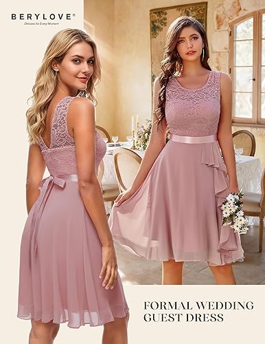 Miniatura 2 de BeryLove - Vestidos de cóctel para mujer, vestido corto de dama de honor, dobladillo con volantes, sin mangas, vestido formal de encaje