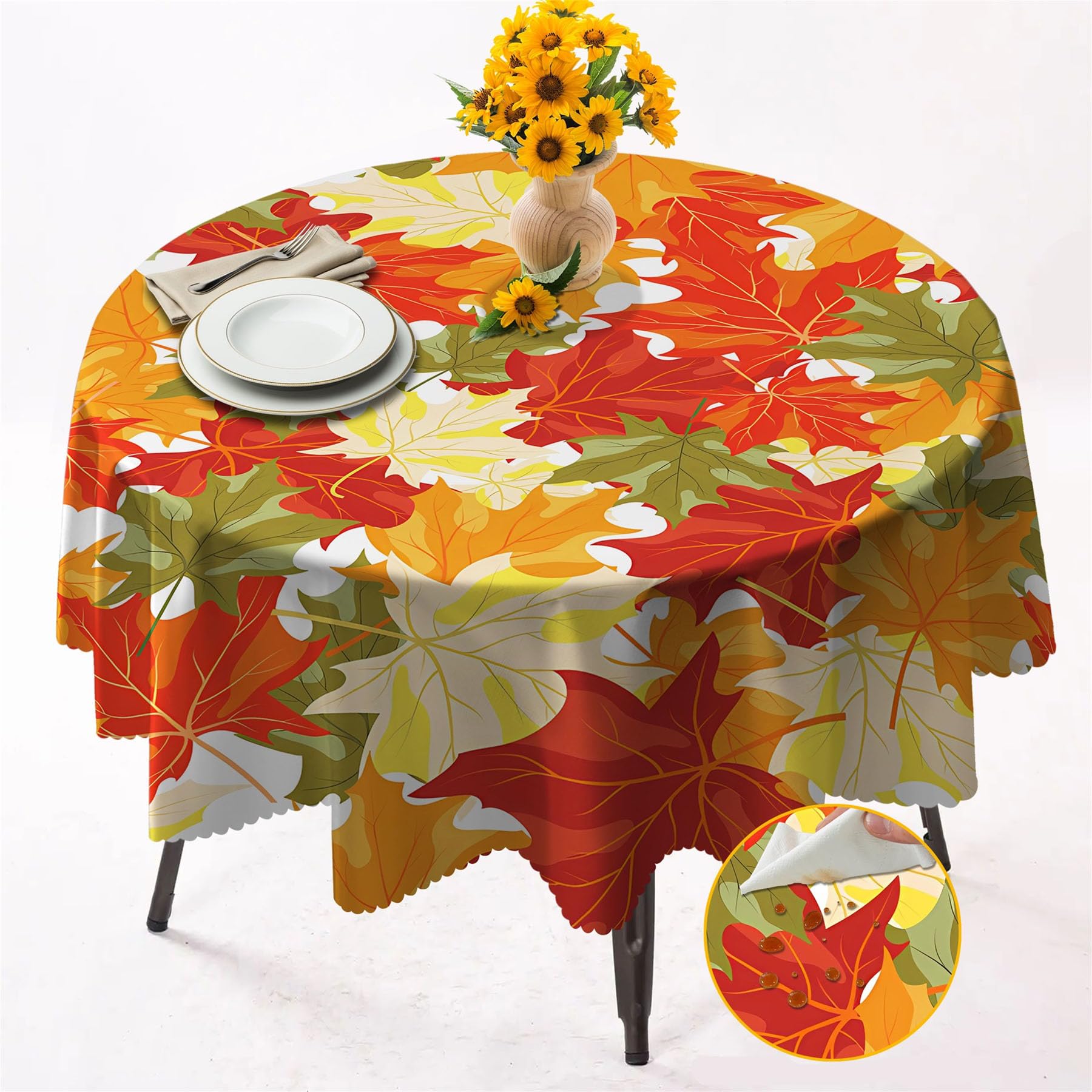 Round Tablecloth 152cm Wrinkle Free Washable Polyester Table Cloth for Circular Table, Home Dining Party Use, Maple Leaf Round Wipe Clean Tablecloth 60 Inches (Color 08)