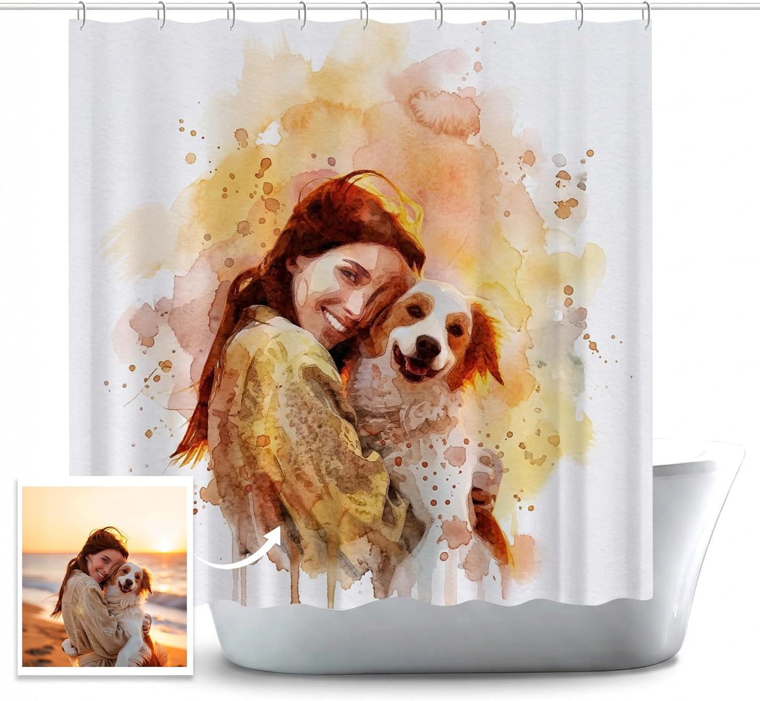 Custom Watercolor Art Shower Curtain from Your Photo, Personalized Bathroom Curtain, Neutral Polyester Bathroom Decor Gift for Couples, Family, Pet Lovers