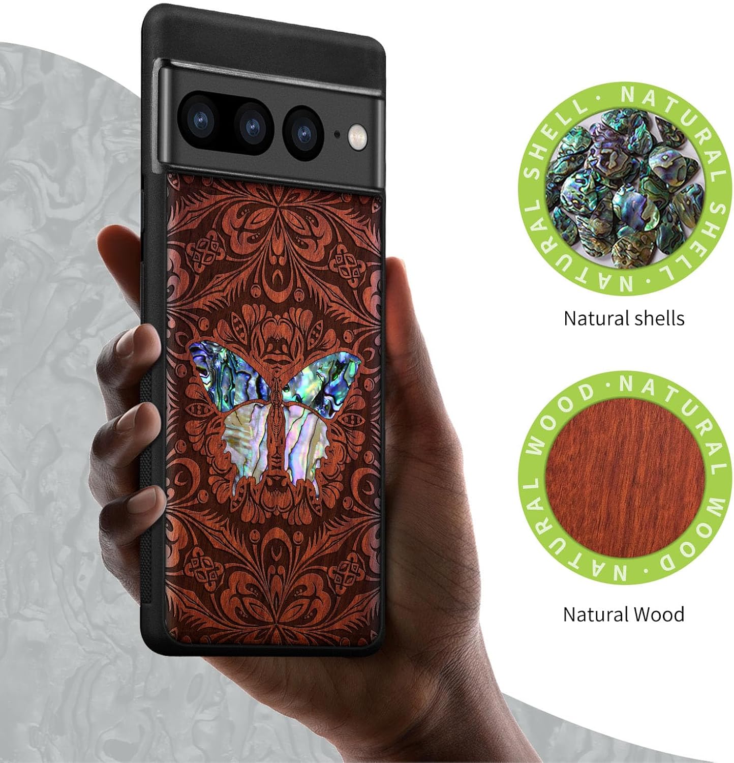 Carveit Designer Wooden Case for Google Pixel 7 Pro Case [Wood Engraving & Shell Inlay] Compatible with Wireless Chargers Pixel 7 Pro (Baroque Butterfly-Rosy)