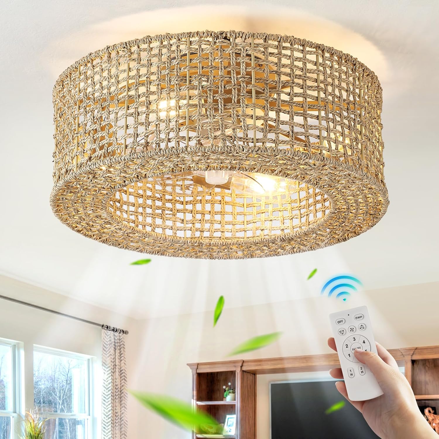 Boho Caged Ceiling Fan with Light 20" Rattan Caged Ceiling Fan, Handmade Hidden Enclosed Kitchen Ceiling Fan with Timer Remote, Flush Mount fandelier Ceiling Fan with Lights for Bedroom Boho Rattan Ceiling Fan with Light