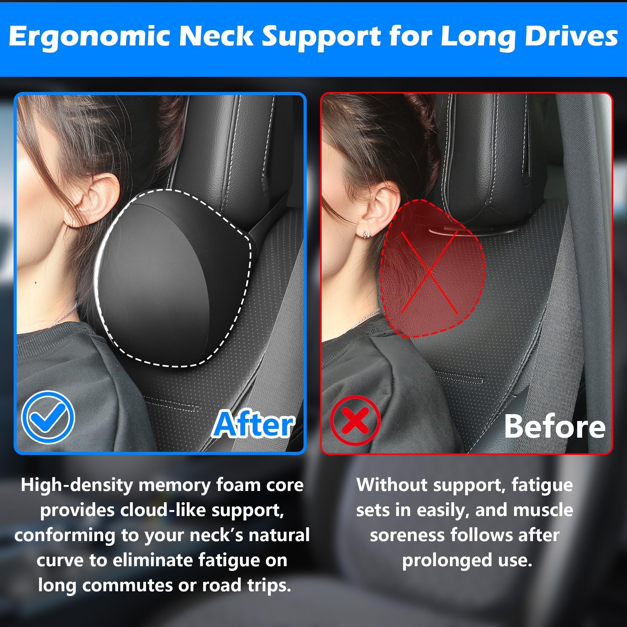 2Pc Car Headrest Coussin-Coussin de cou de voiture en cuir PU en mousse de mémoire, appuie-tête de voiture ergonomique pour le soutien à la tête et au cou, soulagement pendant la conduite et le repos