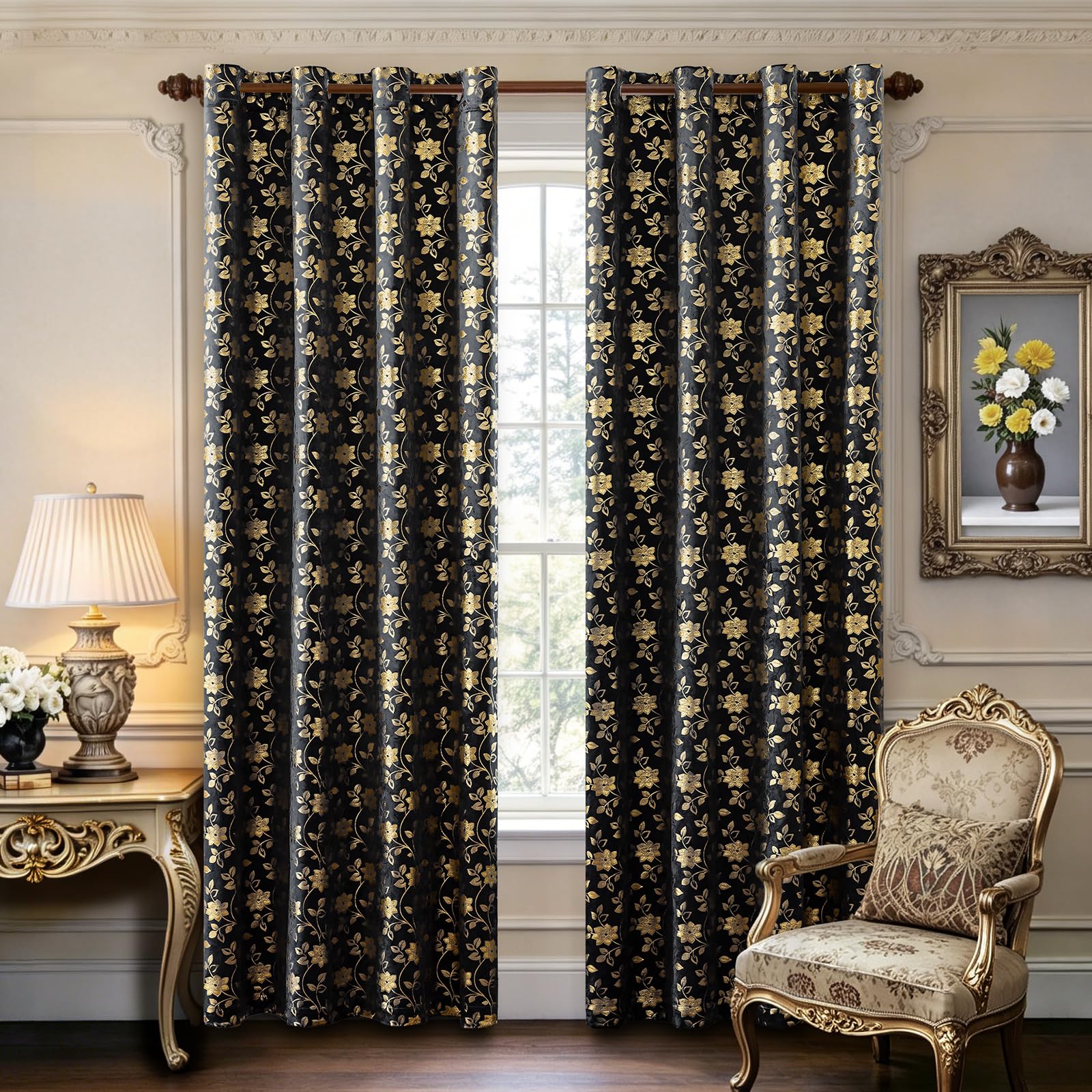 Rideau occultant floral vintage Ystyle 140x200 cm, lot de 2 rideaux isolants noirs pour salon