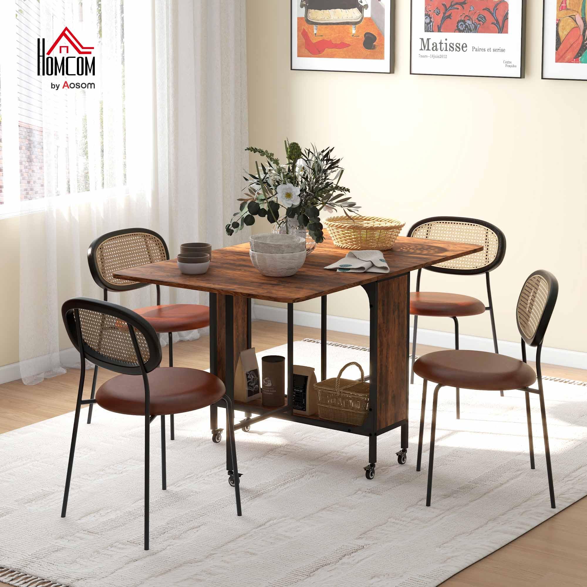 HOMCOM Mobile Drop Leaf Table, Folding Dining Table with 6 Wheels & Storage Shelf for Small Spaces, Kitchen, Dining Room, Rustic Brown - 2