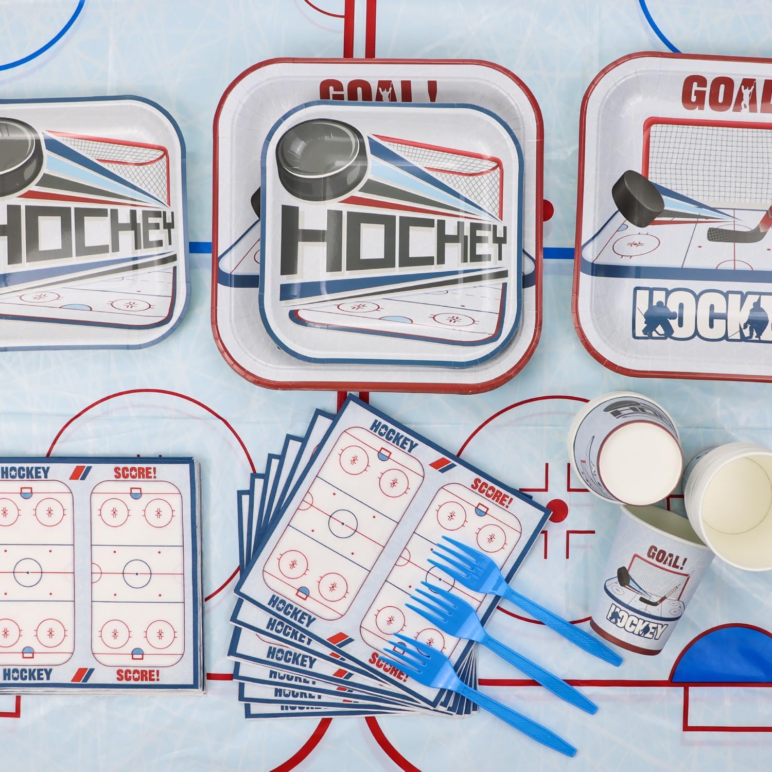 Hockey Birthday Decorations - 162Pcs Ice Hockey Tableware Pack, Disposable Hockey Theme Plates, Napkins, Tablecloth for Kids Fans Sports Birthday Party Supplies, Serve 40