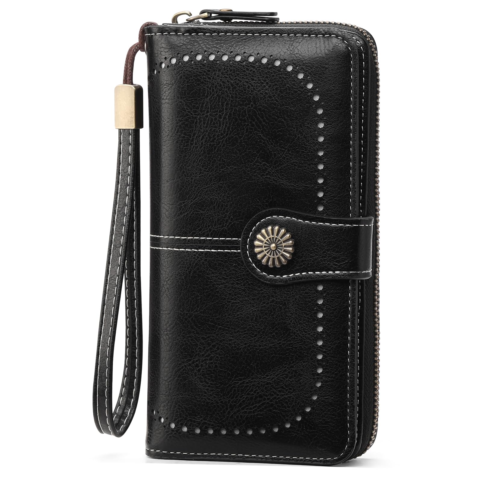 GOIACII Geldbörse Damen RFID Schutz Groß Leder Portmonee Gross für Frauen, Lang Geldbeutel Große Kapazität Portemonnaie Damen mit 13 Kartenfächer und Abnehmbarer Handschlaufe Schwarz