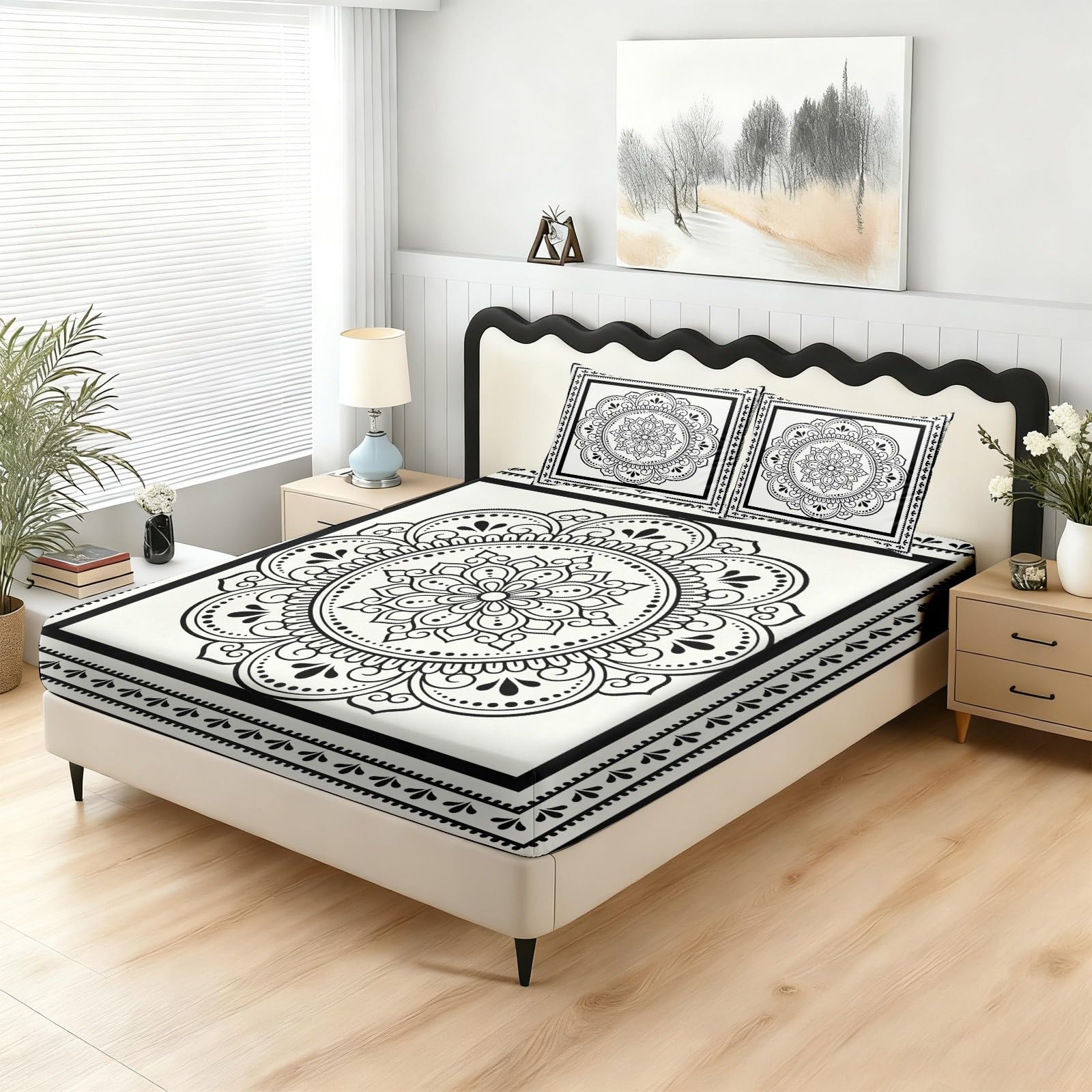 Vintage Boho Spannbettlaken Indisch Mandala Bettlaken Schwarz 140x200cm | Boho 140x200 Weiß Mandala Spannbetttuch Spannleintuch Boxspringbett für Matratzen bis 30 cm Höhe mit 1 Kissenbezüge