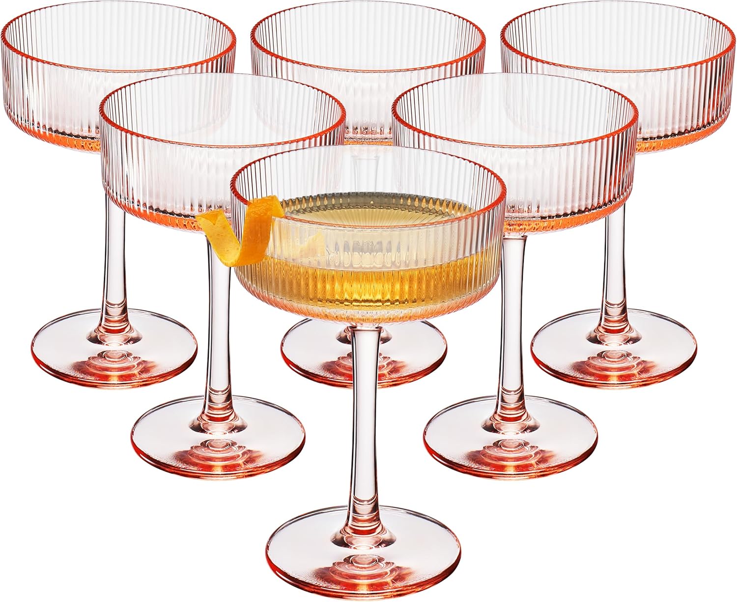 Khen Shatterproof Acrylic Ribbed Vintage Art Deco Martini, Champagne & Cocktail Pink Peach Tint Color Plastic Coupe Glasses | Set of 6 | 8oz Ripple Glassware Cocktail Indoor & Outdoor European Style