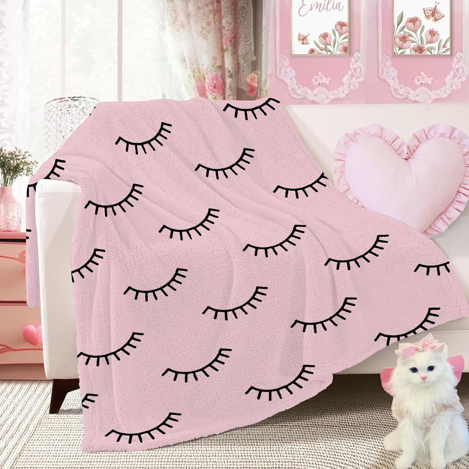 Pink Lash Blanket for Women & Teen Girls - Large Soft Flannel Throw Blanket (60"x80"), Cute Eyelash Blanket for Bedroom, Sofa, Beauty Salon, Aesthetic Preppy Decor & Valentine's Gifts