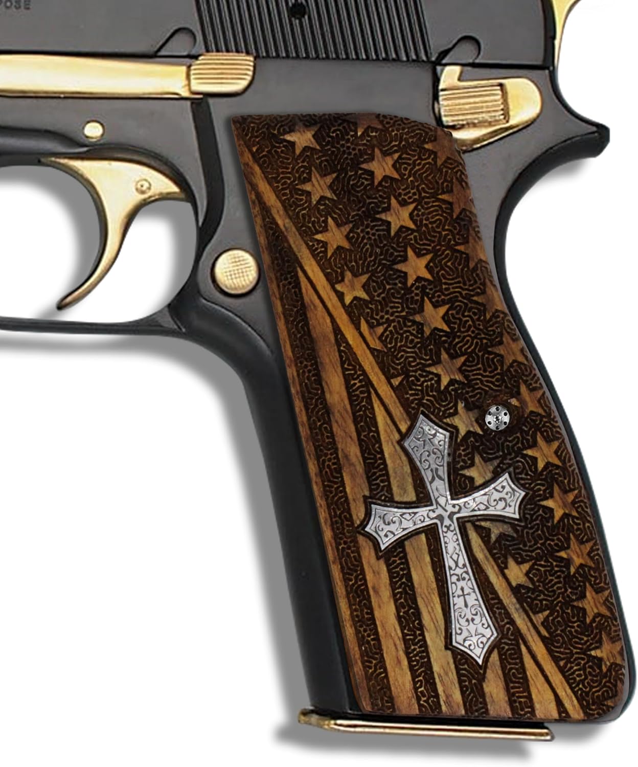 URAY Browning Hi-Power Wood Grips (Walnut) – Mk I/II/III, T-Series, SA-35, Tisas 14, Yavuz 14 – Handmade Laser Engraved Grip Panels, Multi-Style Variations
