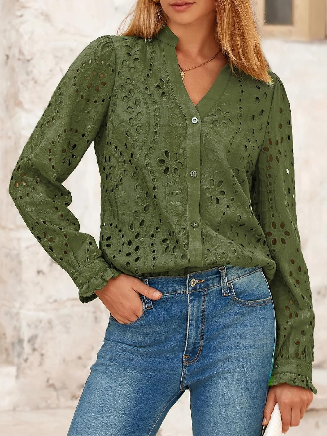 NALANISA Women's Long Sleeve Shirts Button Down Dressy Casual Blouses V Neck Embroidery Hollow Out Tops Fall Winter Clothes - Image 5