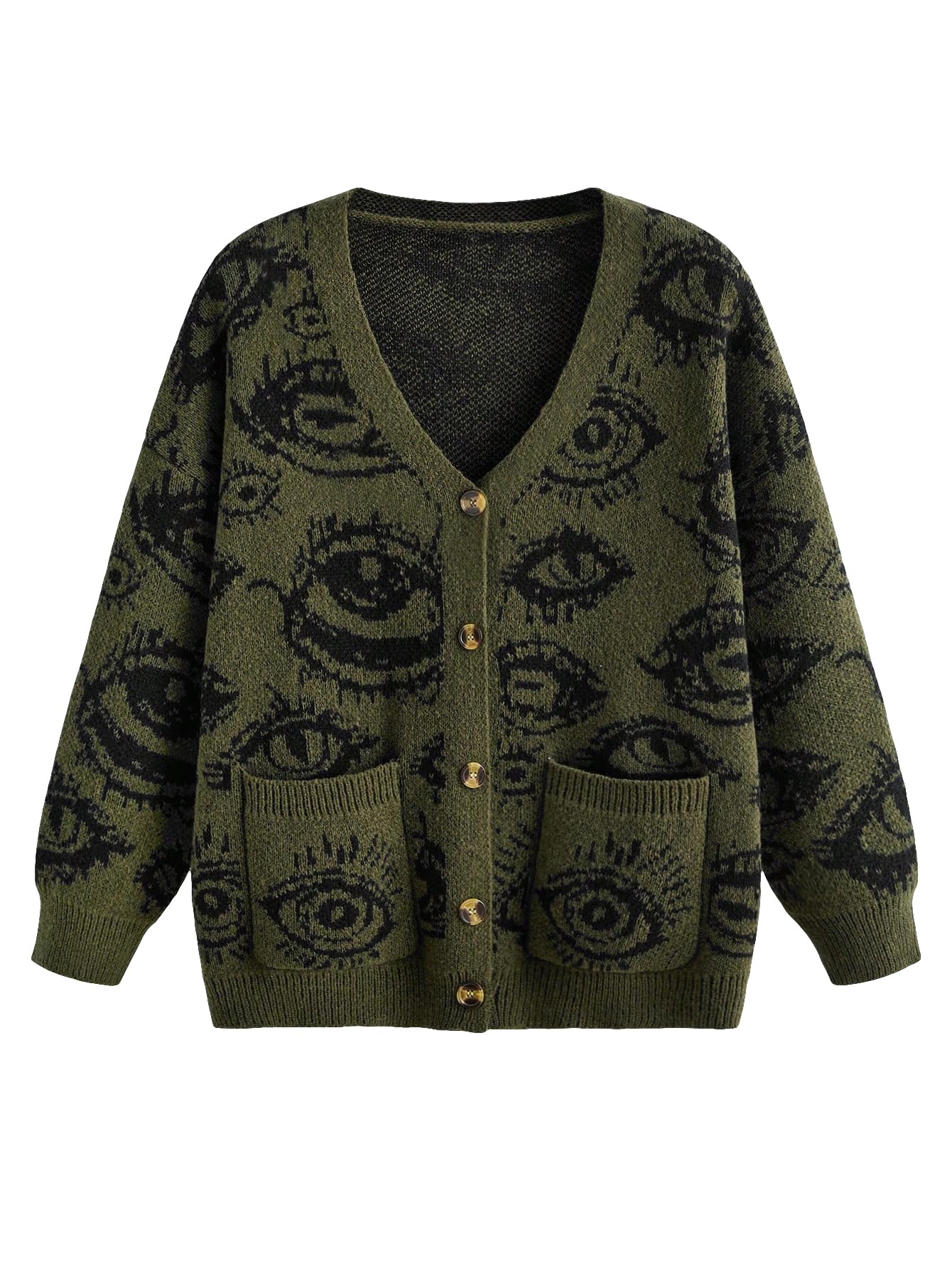 SHENHE Womens Oversized Graphic Button Down V Neck Drop Shoulder Long Sleeve Cardigan