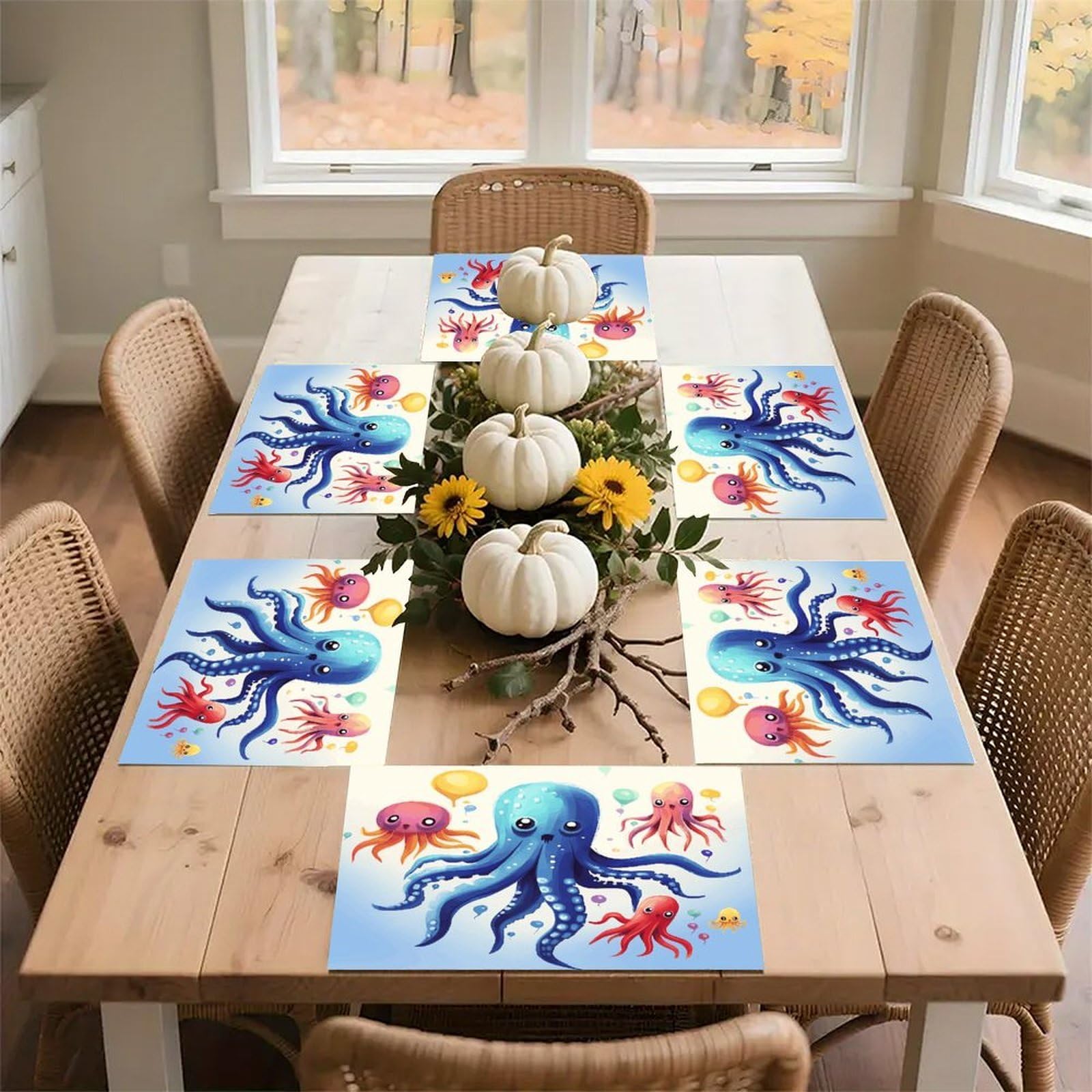 Colorful Squid Octopus Placemats Heat-Resistant Washable Place Mats Anti Slip Dining Table Place Mats Wipeable Dining Table Mats Kitchen Decoration Placemats 17.7’’×11.8’’
