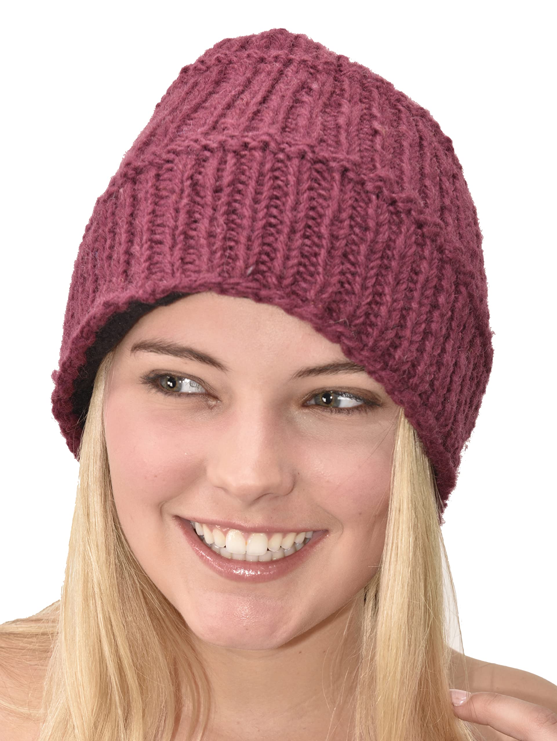 Three Cranes GalleryHand Knitted 100% Merino Wool Snowboard Ski Himalayan Nepal Slouchy Beanie Polar Fleece Lined Woolen Stocking Cap Womens Winter Hat