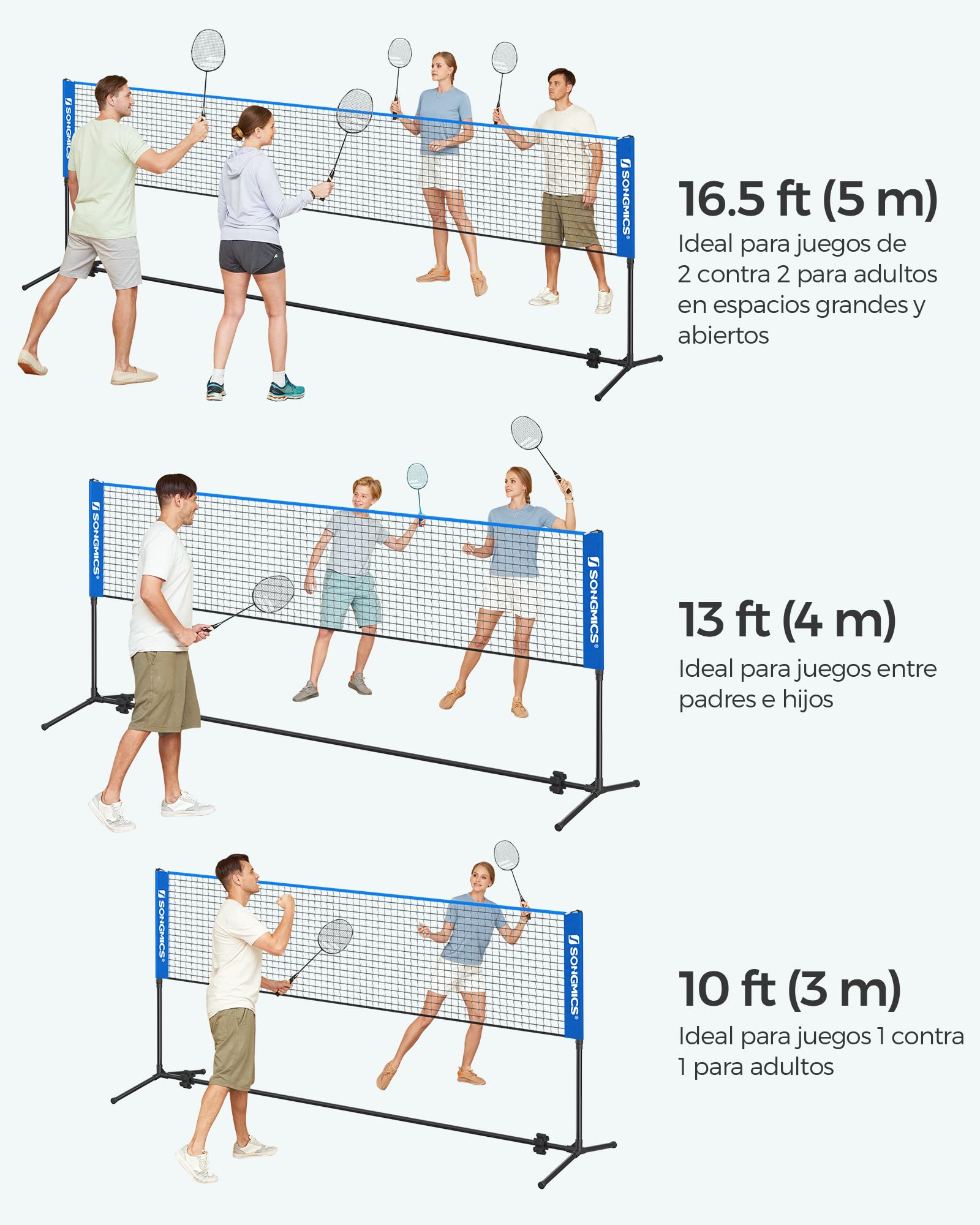 SONGMICS Red de Bádminton 4 m, Voleibol con Postes Ajustables, Portátil para Jardín, Parque, Exterior, Azul SYQ400