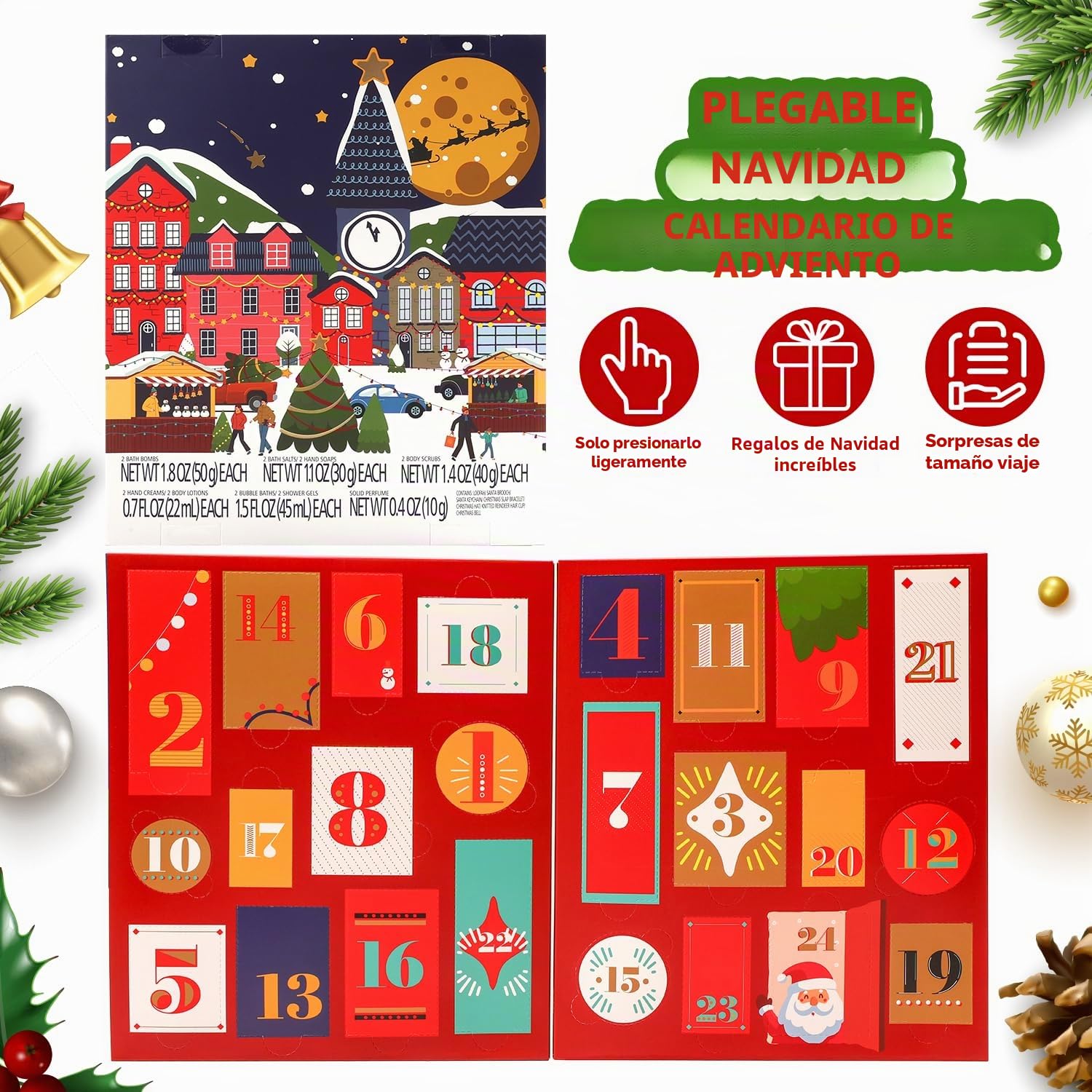 BODY & EARTH Regalos Mujer Navidad, 24 Piezas Incluye Gorro de Papá Noel, Loción Corporal, Gel de Ducha, Bomba de Baño,Crema de Manos, Caja Regalo Mujer Calendario de Adviento Navidad