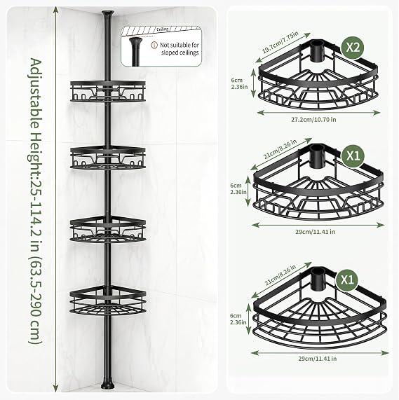 KEGII Telescopic Shower Caddy Corner - Black Shower Shelf with Towel Bar