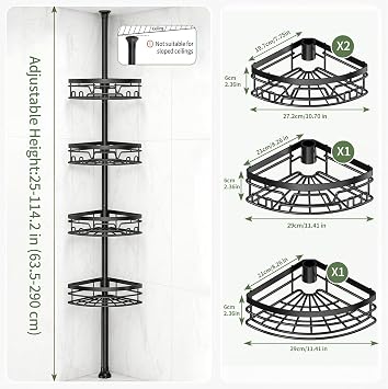 KEGII Telescopic Shower Caddy Corner - Black Shower Shelf with Towel Bar