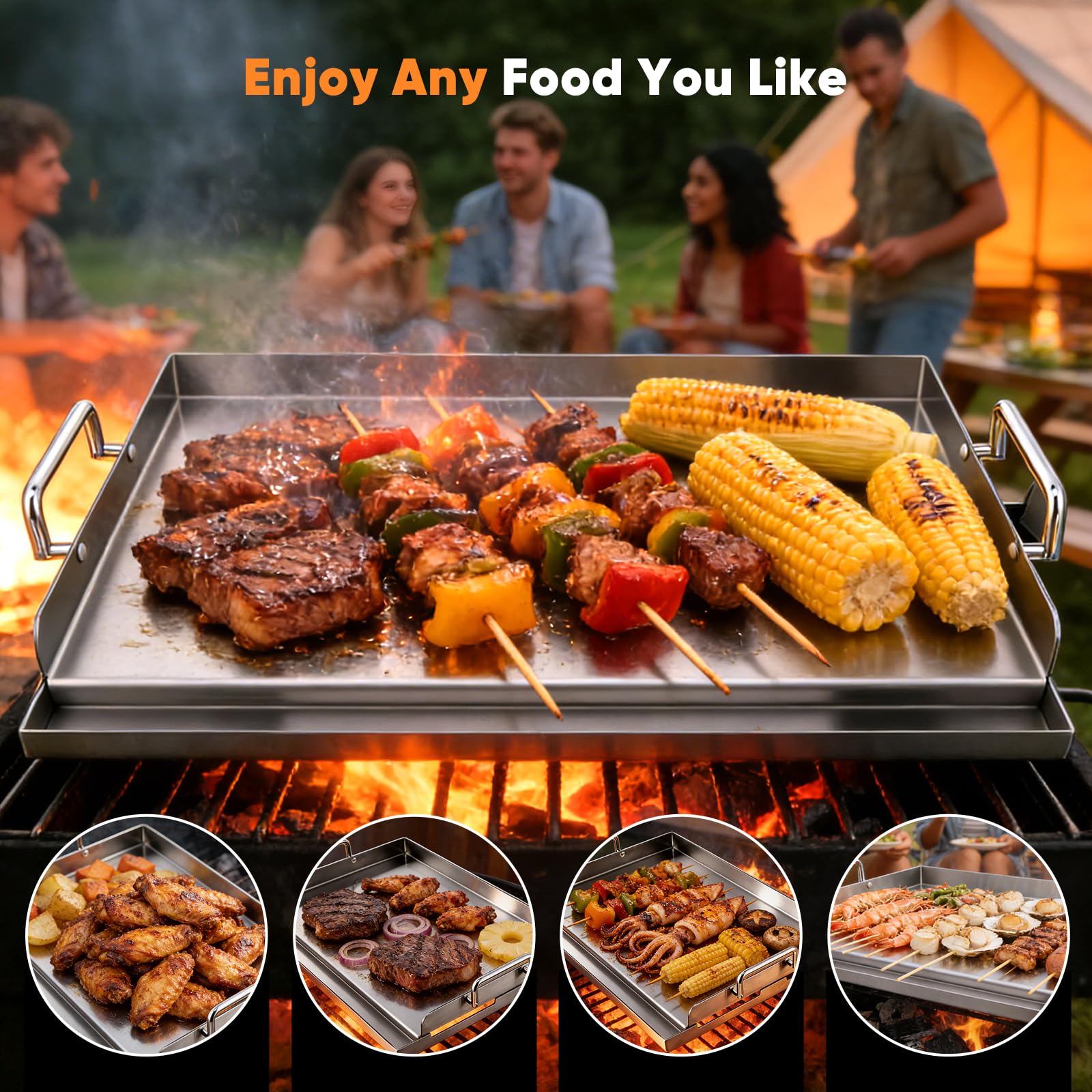 Edelstahl Plancha Grillplatte Edelstahl Massive Stahlgrillplatte Herd für Gas- & Holzkohlegrill,Gleichmäßige Hitzeverteilung,vielseitig für Garten,Camping,Feste,43x32,2cm
