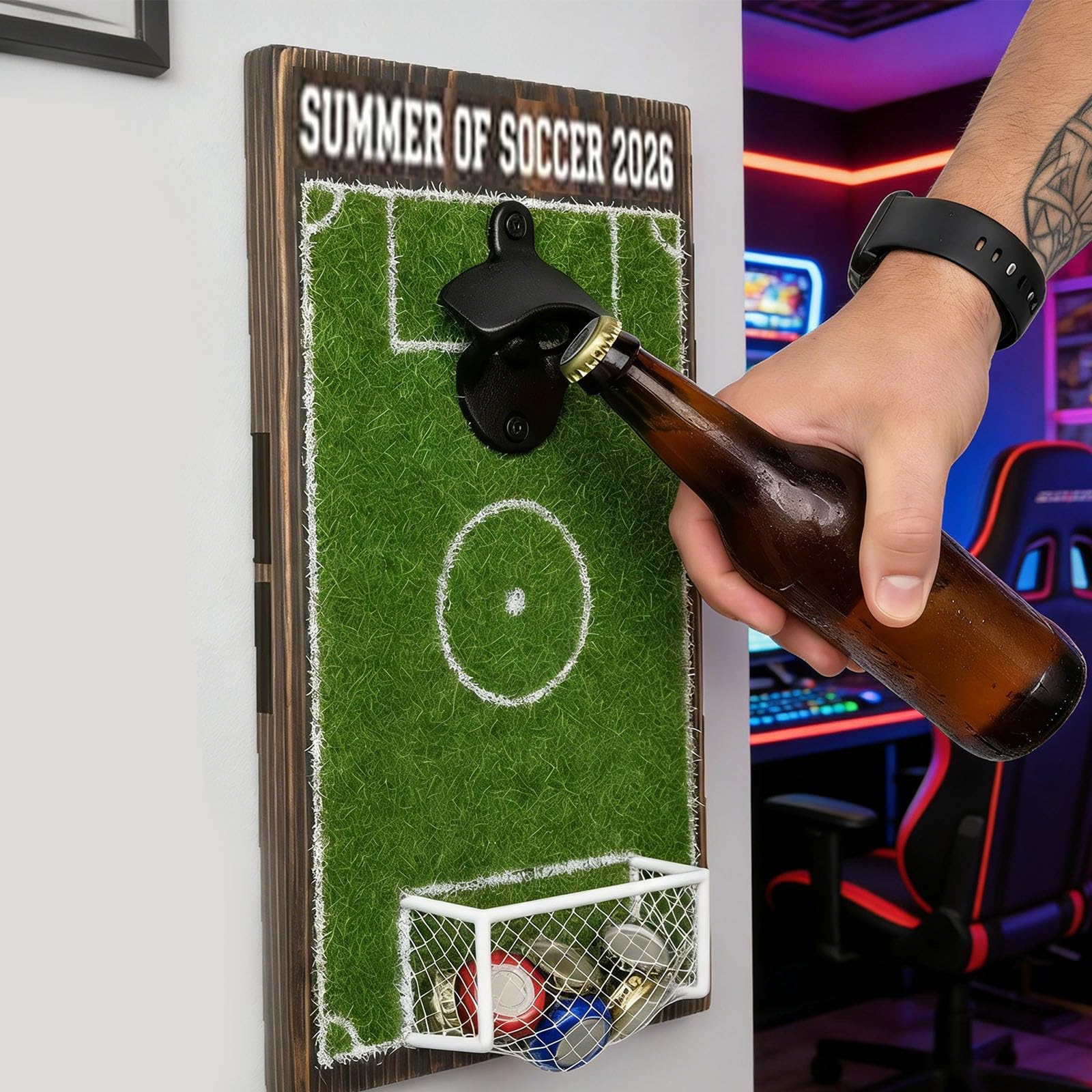Apribottiglie a forma di campo da calcio, decorazione da parete, a forma di campo da calcio, divertente collezionista di tappi di bottiglia, regalo creativo per la decorazione di bar di calcio