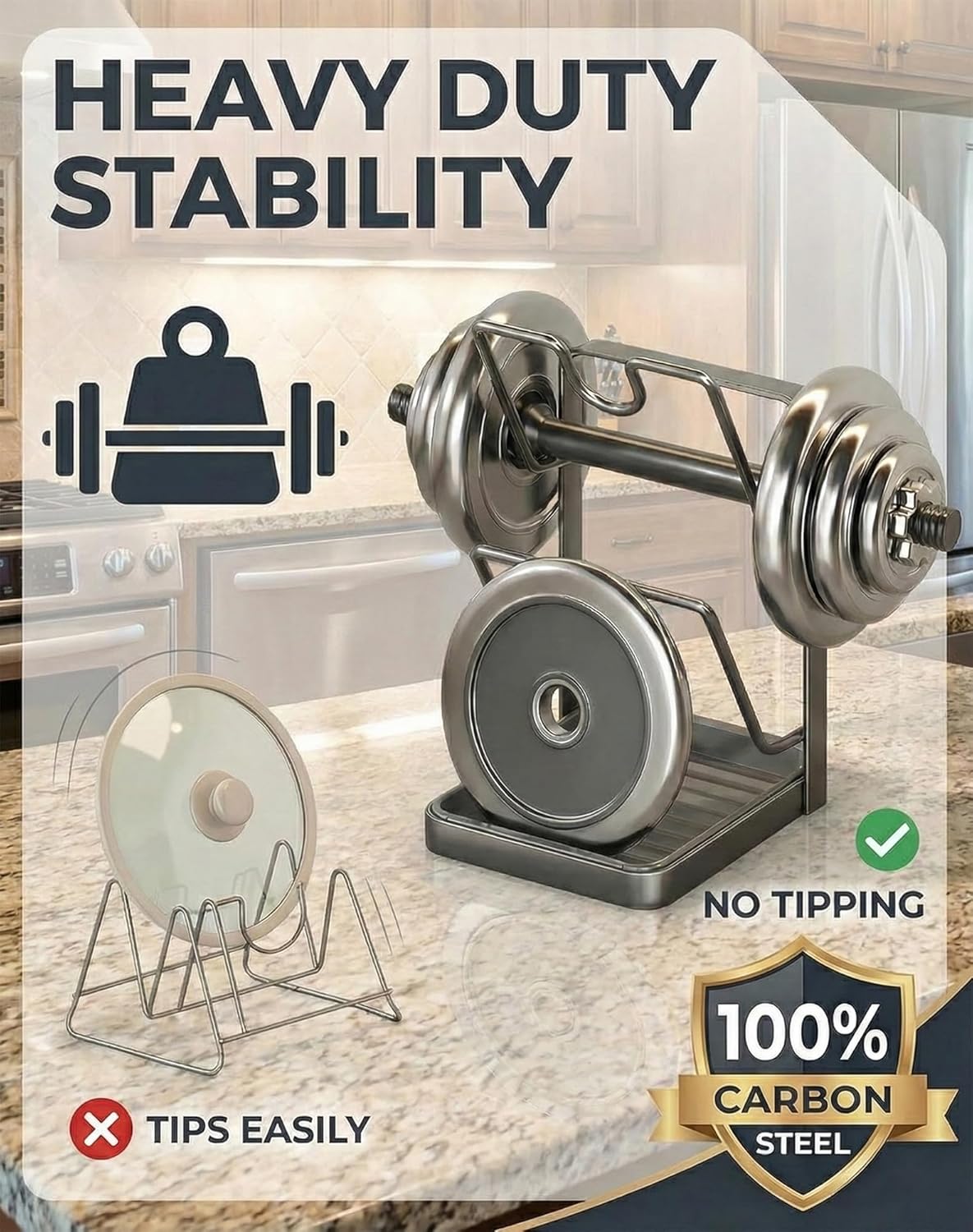 Kitchen Pot Lid Storage Rack & Organizer – Metal Pot Lid Holder While Cooking for Countertop – Heavy Duty Pan Lid Holder Stand with Drip Tray & Spoon Rest for Spatulas, Ladles & Large Lids (2-Layer) - Image 3