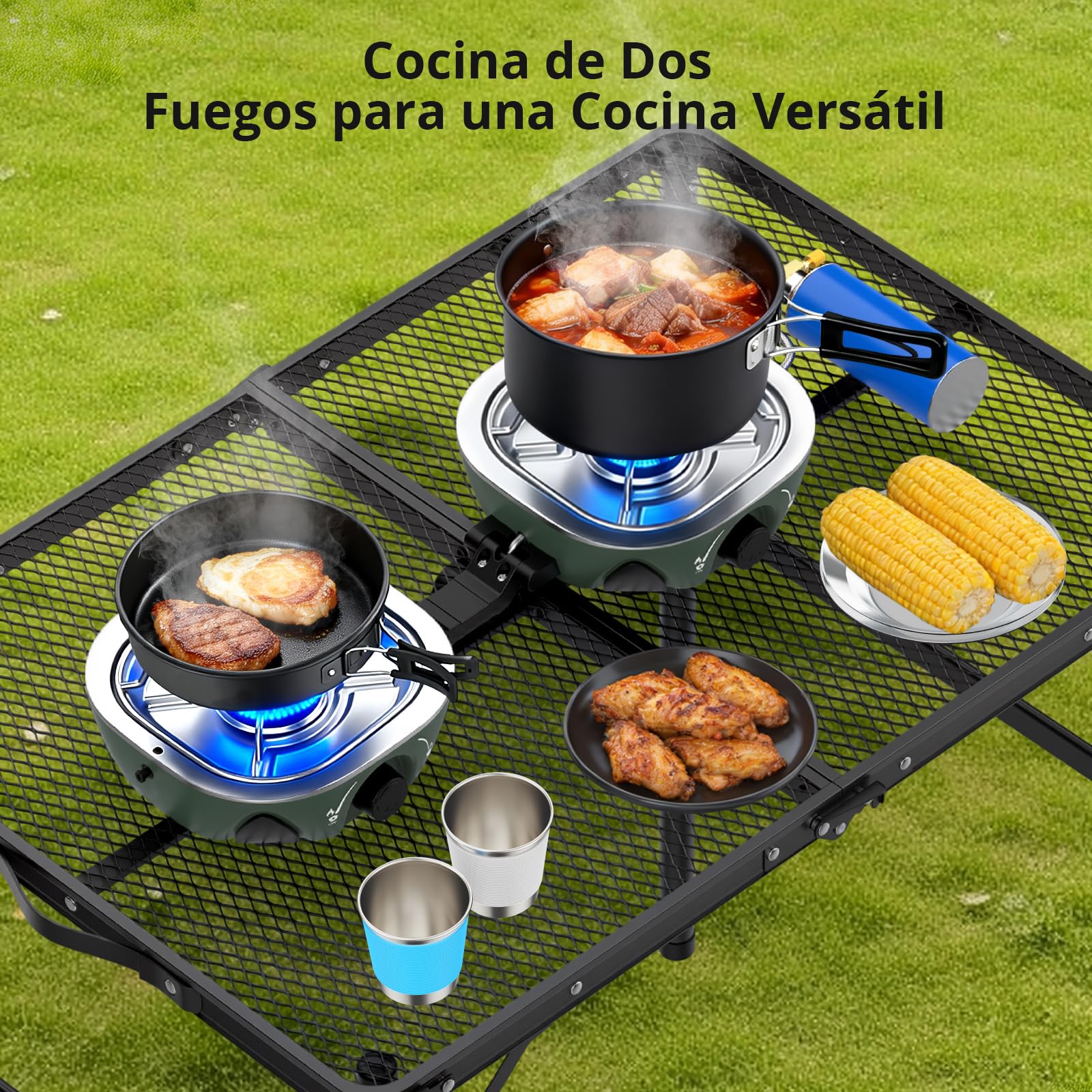 Anbte Hornillo de Camping de 2 Fuegos,2x3 kW, Cocina Portátil de Gas | Quemadores Ajustables, Plegable y Ligero, para Acampadas, Cocina al Aire Libre y Situaciones de Emergencia