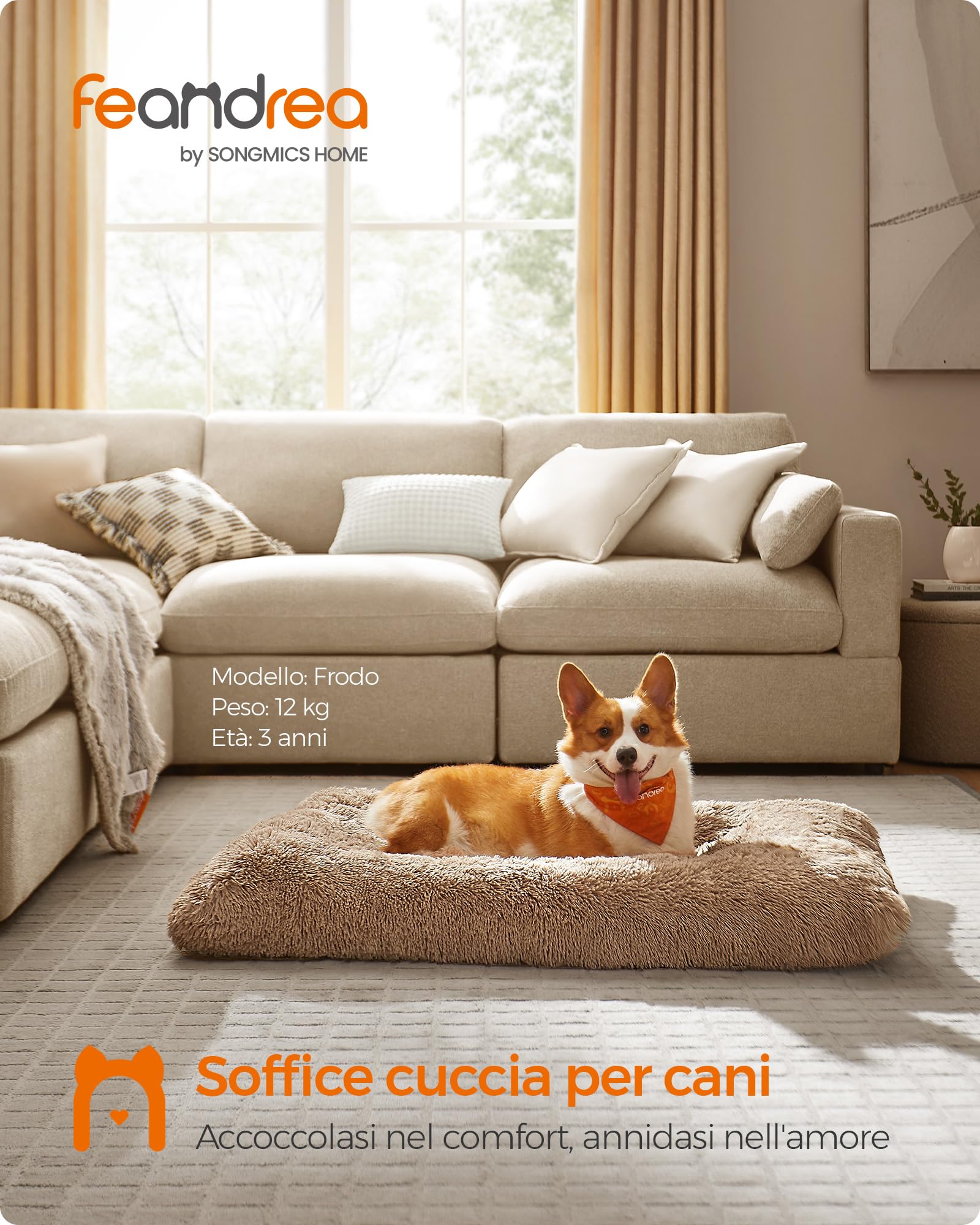 Feandrea Cuccia per Cani, Tappetino per Animali di Peluche Morbida, 110 x 73 cm, Imbottitura Soffice, Lavabile, Cuscino per Cani Multiuso, Marrone Cammello PGW203K01
