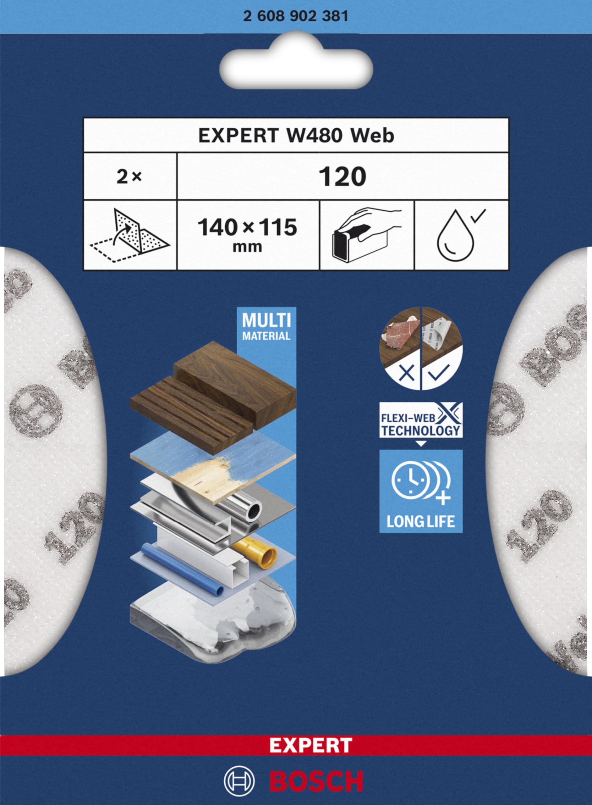 Bosch 2x EXPERT W480 Web 1/4 tarcza szlifierska ręczna (do twardego drewna, farba na drewnie, Ø 115 x 140 mm, ziarnistość 120, profesjonalne akcesoria do szlifowania ręcznego)