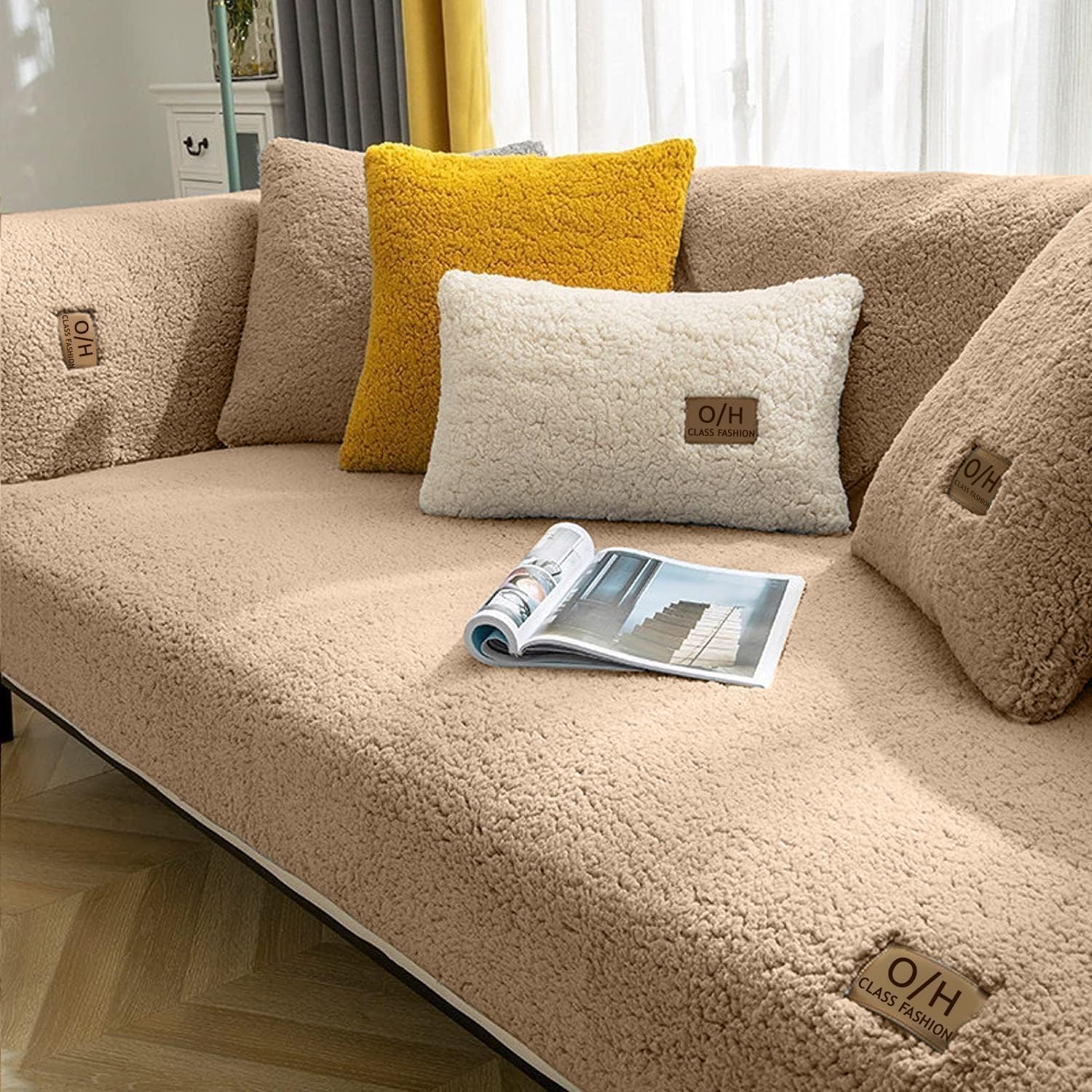 Lingky Coffee Soft Sherpa Fleece Sofa Covers, Sofa Cushion Covers, Non-Slip Sofa Cover 1 2 3 Seater Couch Covers For Sectional Sofa, Sofa Slipcovers L Shape Furniture Protector (,90X90cm)