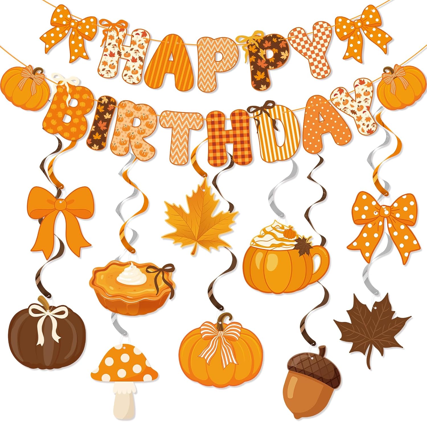 Fall Birthday Party Decorations, Bow Pumpkin Birthday Banner Hanging Swirls