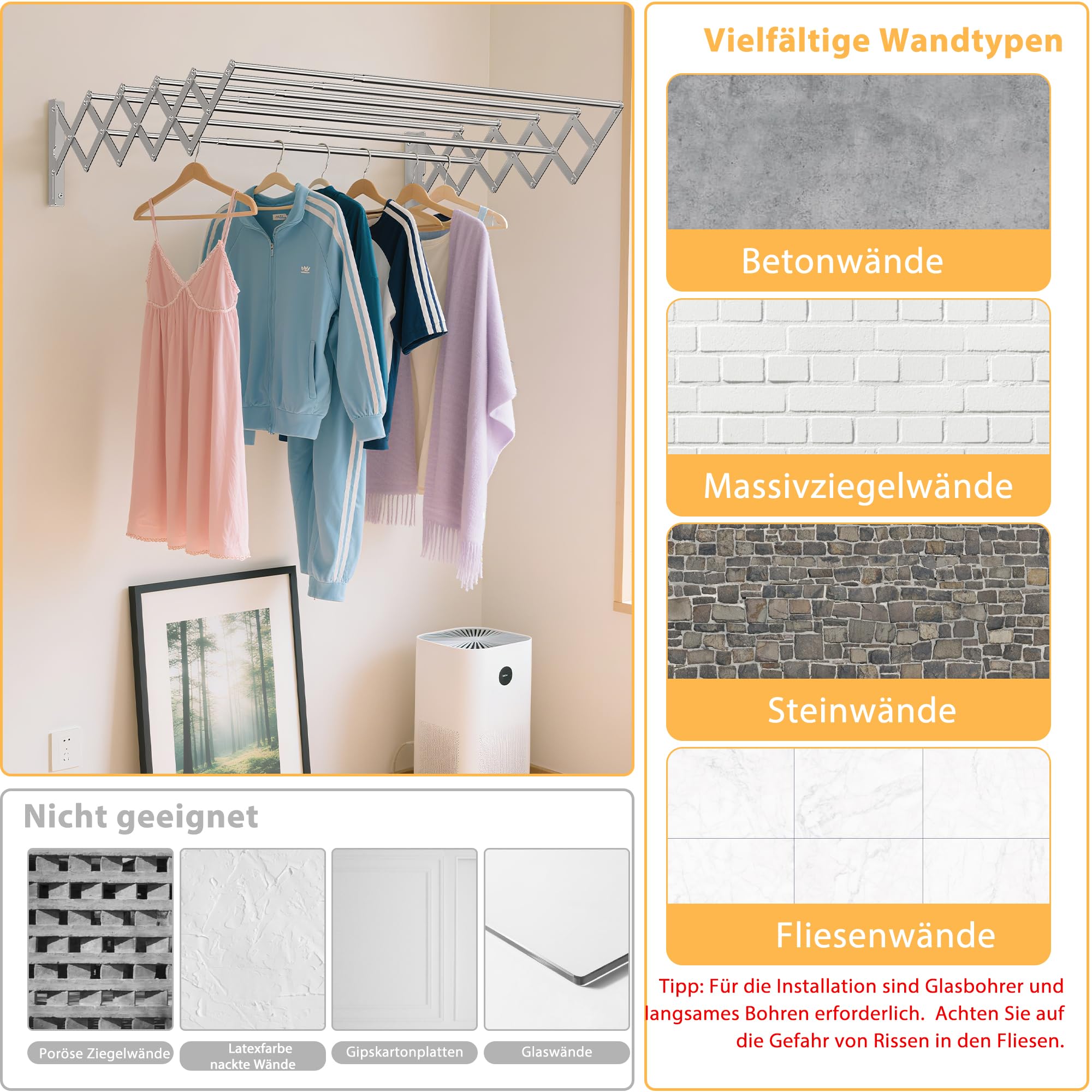 OUUTMEE Wand Wäscheständer Edelstahl Wandtrockner Ausziehbar, Vorderer und hinterer Teleskopbereich: 12~56cm, mit Sieben Zugstangen Tragfähigkeit 25kg (Silber)