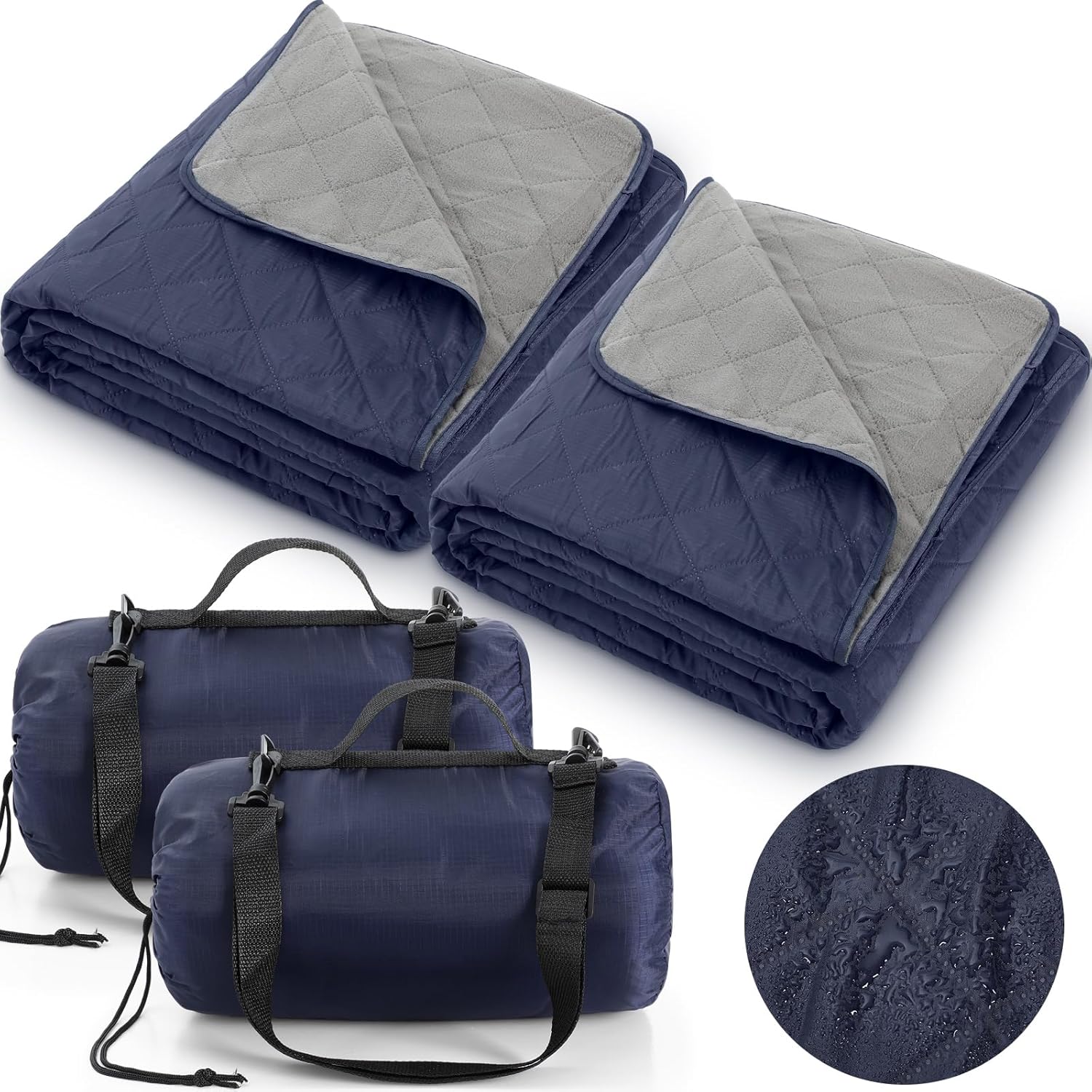 Tranqun 2 Large Outdoor Blanket 78'' x 55'' Quilted Windproof Waterproof Fleece Sandproof Stadium Foldable Warm Blanket for Camping Picnic Sporting Events Cold Weather (Navy Blue)