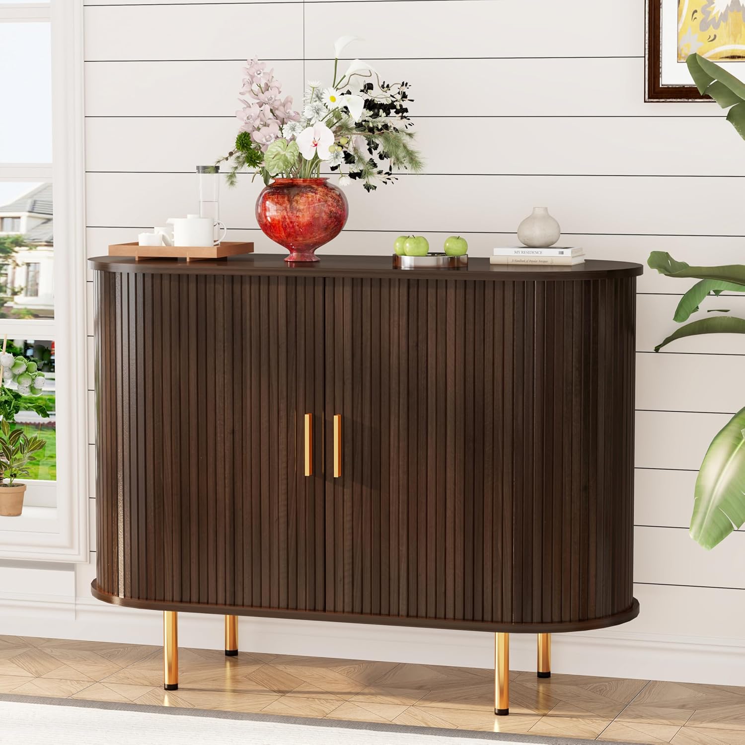 DHH Mid-Century Modern Sideboard Buffet Cabinet with Tambour Sliding Doors & Adjustable Shelves - Dark Walnut 40" Storage Console for Kitchen, Living Room