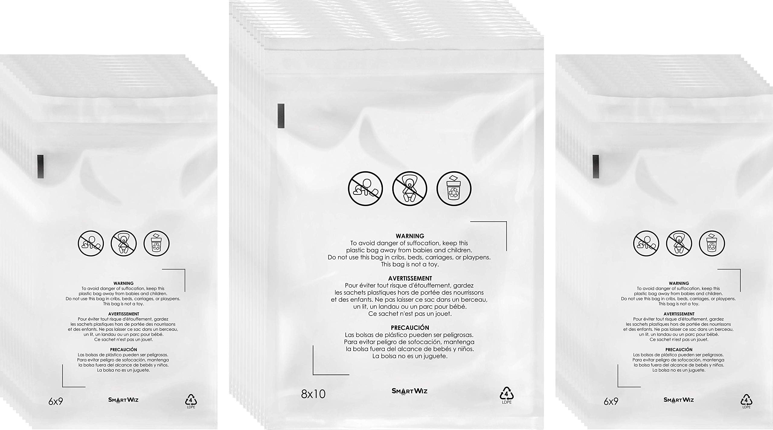 Clear Poly Bags with Suffocation Warning Combo Packs of 100pcs 6x9 in, 100pcs 8x10 in, Plus Bonus 100pcs 6x9 in
