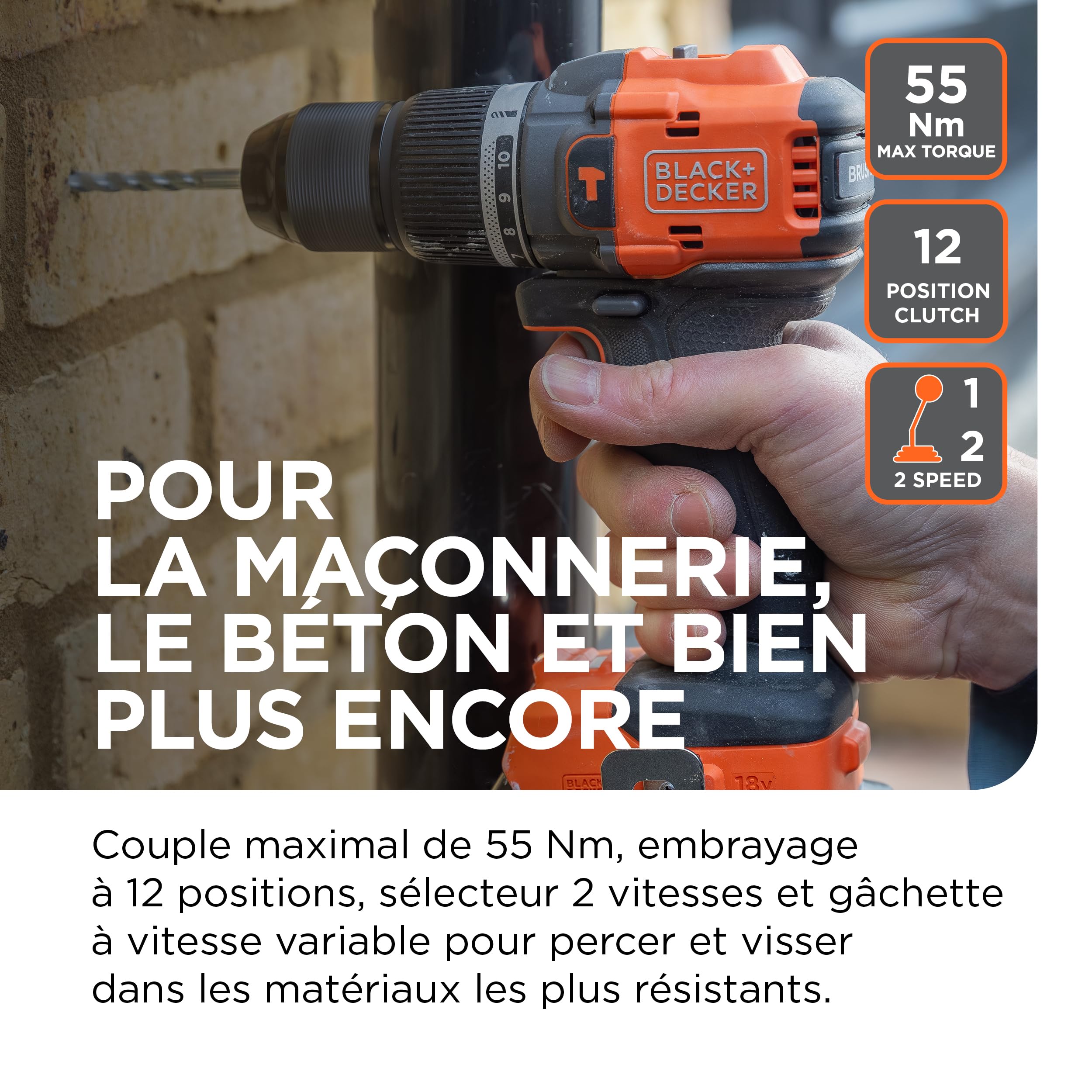 BLACK+DECKER Perceuse à percussion sans fil brushless 18V avec batterie 2,0Ah, chargeur, 50 accessoires et mallette de transport, BLD783D1KA-QW