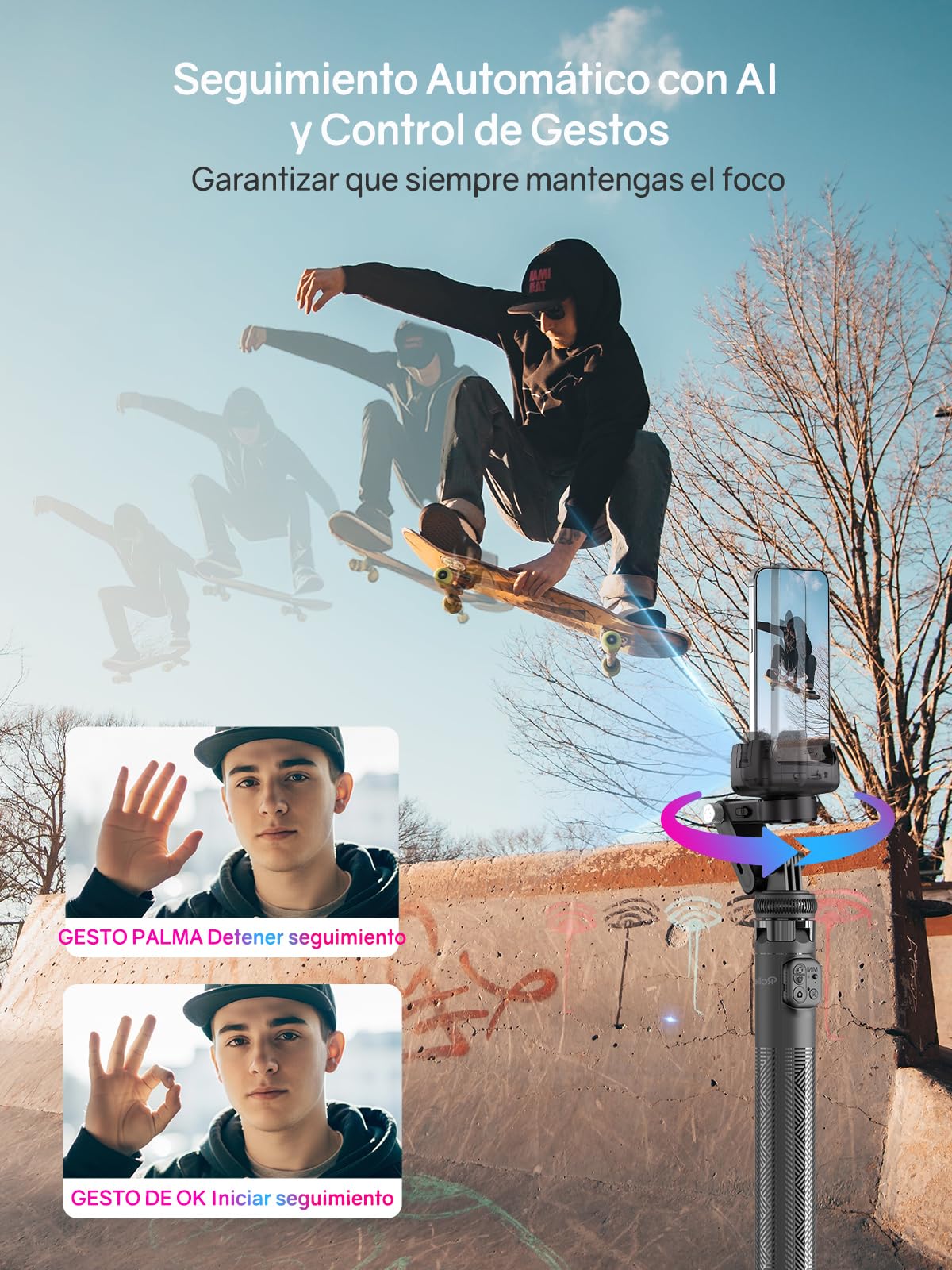 Rollei Trípode Estabilizador para Movil con Seguimiento Facial Automatico | 360 Giratorio Gimbal Palo Selfie Ajustable 45~156cm Compatible con iPhone/Android, Estabilizador-Movil-Gimbal-Tripode