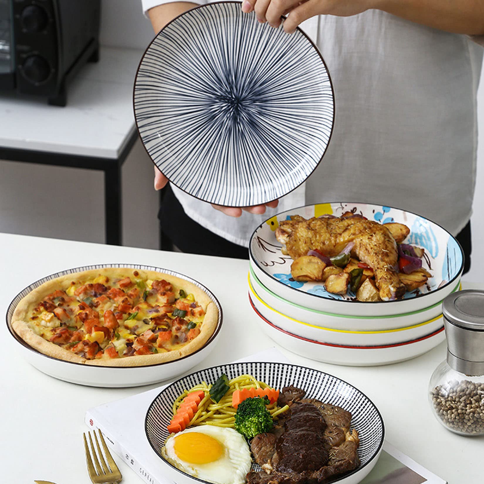 Juego De 4 Platos De Porcelana De 8,5 Pulgadas, Decorados Con Creativos Estampados De Flores, Borde De Plato Elevado, Puede Contener Ensaladas, Bistecs, Postres,Azul,8.5in