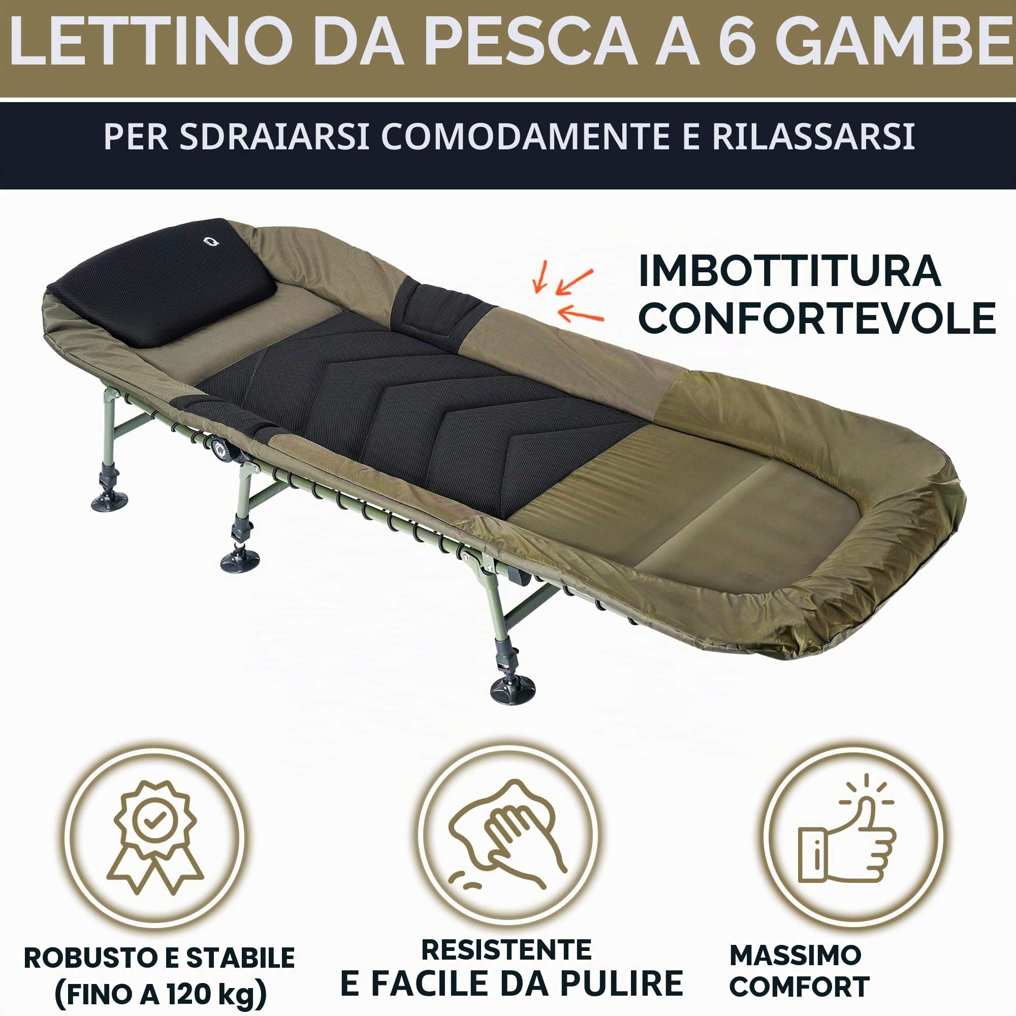 Lettino da pesca a 6 gambe di alta qualità, per professionisti, da campeggio, da campo, colore: verde/nero