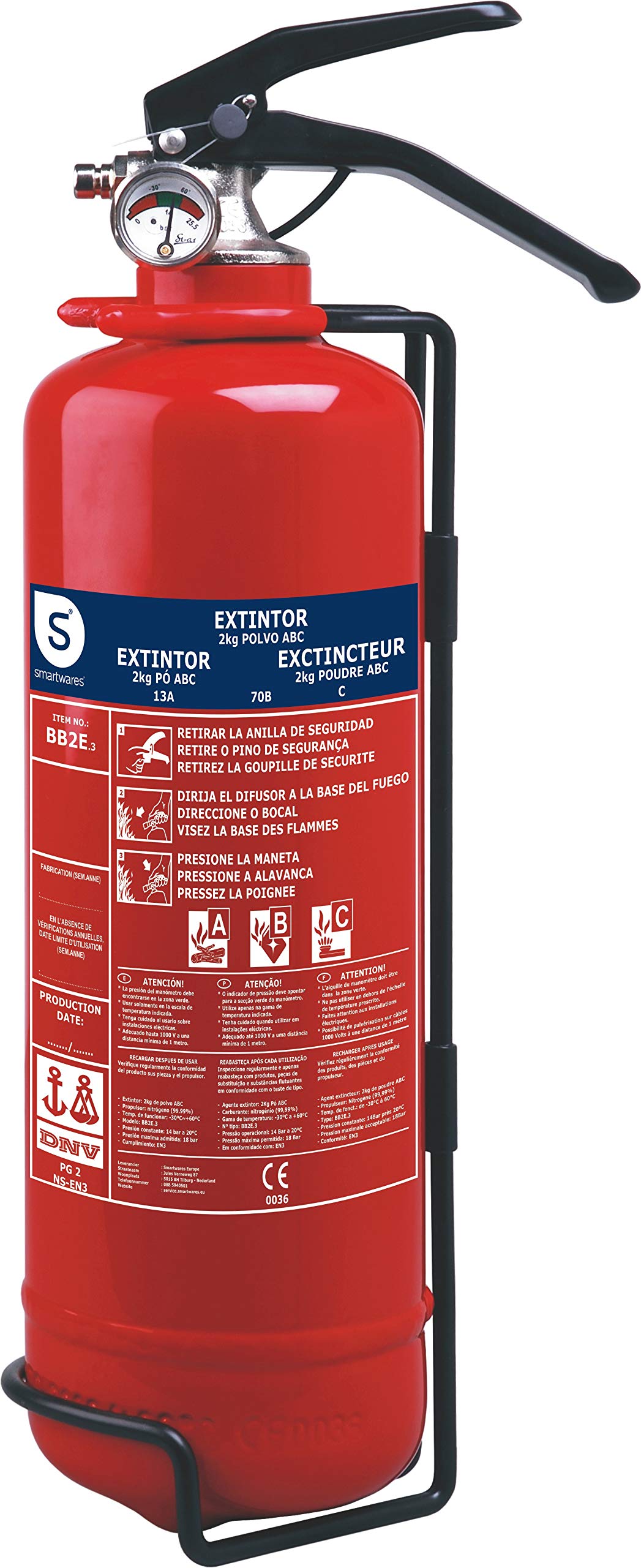 Smartwares BB2E - Extintor de Polvo seco con Resistencia al Fuego (2 kg) Color Rojo