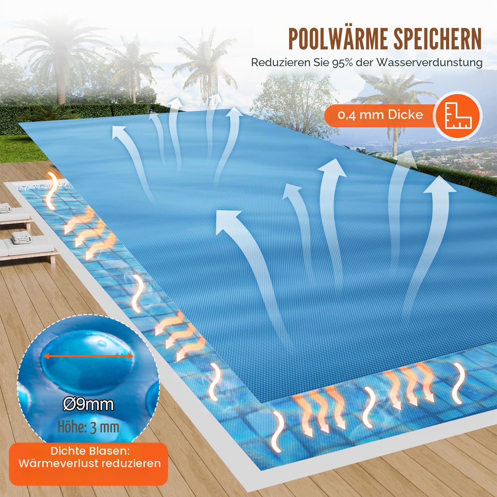 VEVOR Solar-Poolabdeckung, rechteckige Solarplane für Pools, 12,2 x 6,1 m, Solarabdeckung für oberirdische Schwimmbecken, 16 mil Solarabdeckungen, Blau