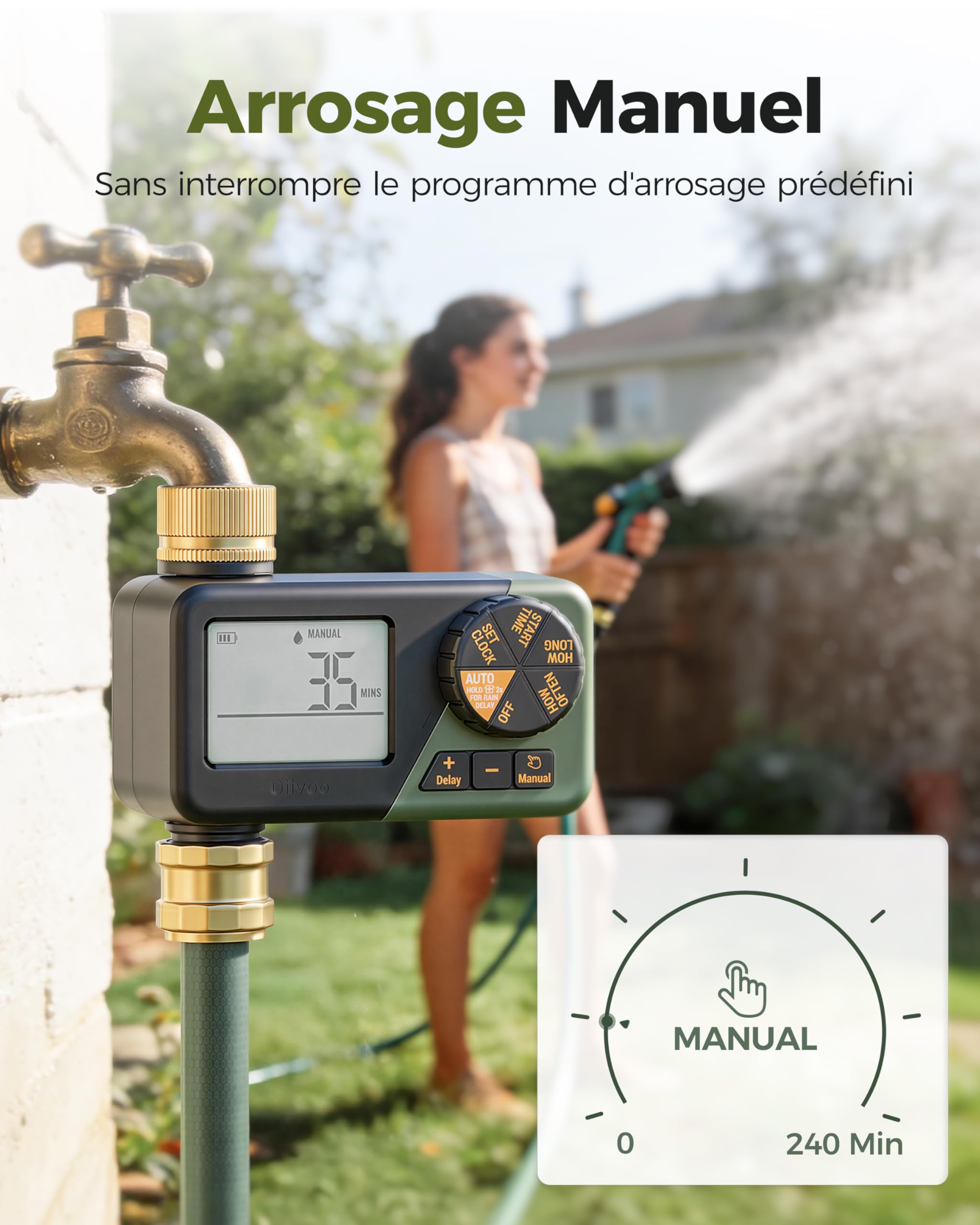 Diivoo Programmateur Arrosage Automatique avec Entrée et Sortie en Laiton, Minuteur Arrosage avec Étanchéité IP66, Grand Écran LCD, Retard de Pluie, Arrosage Manuel pour Pelouse et Jardin