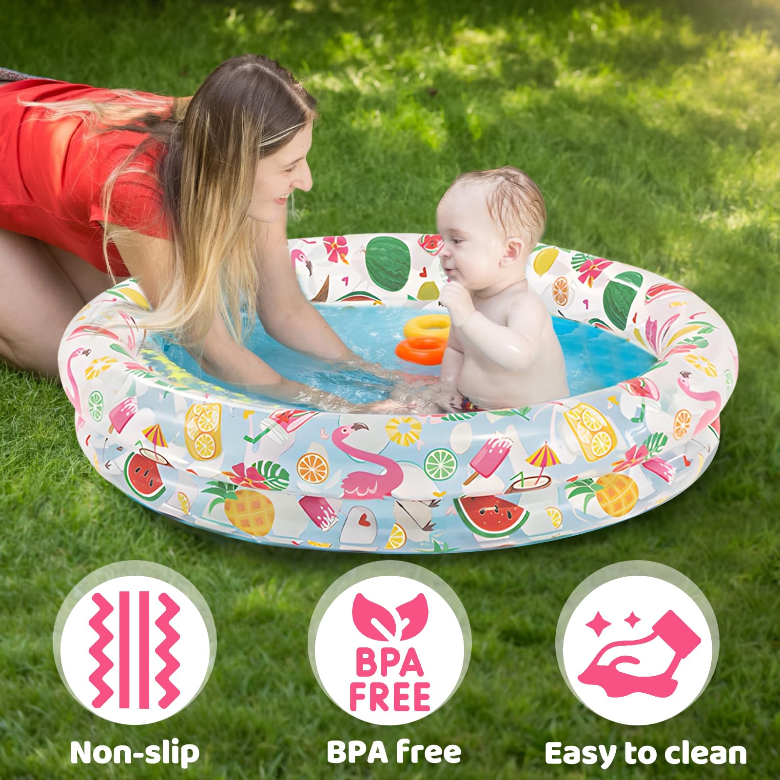 SilverChry Piscina Gonfiabile Bambini, Piscinetta Gonfiabile Bambini, Hawaii Piscinetta Neonato Spiaggia à Double Anneau con anelli da nuoto e palline, Estivi Giardino Esterno Piscina Baby 122x25 cm