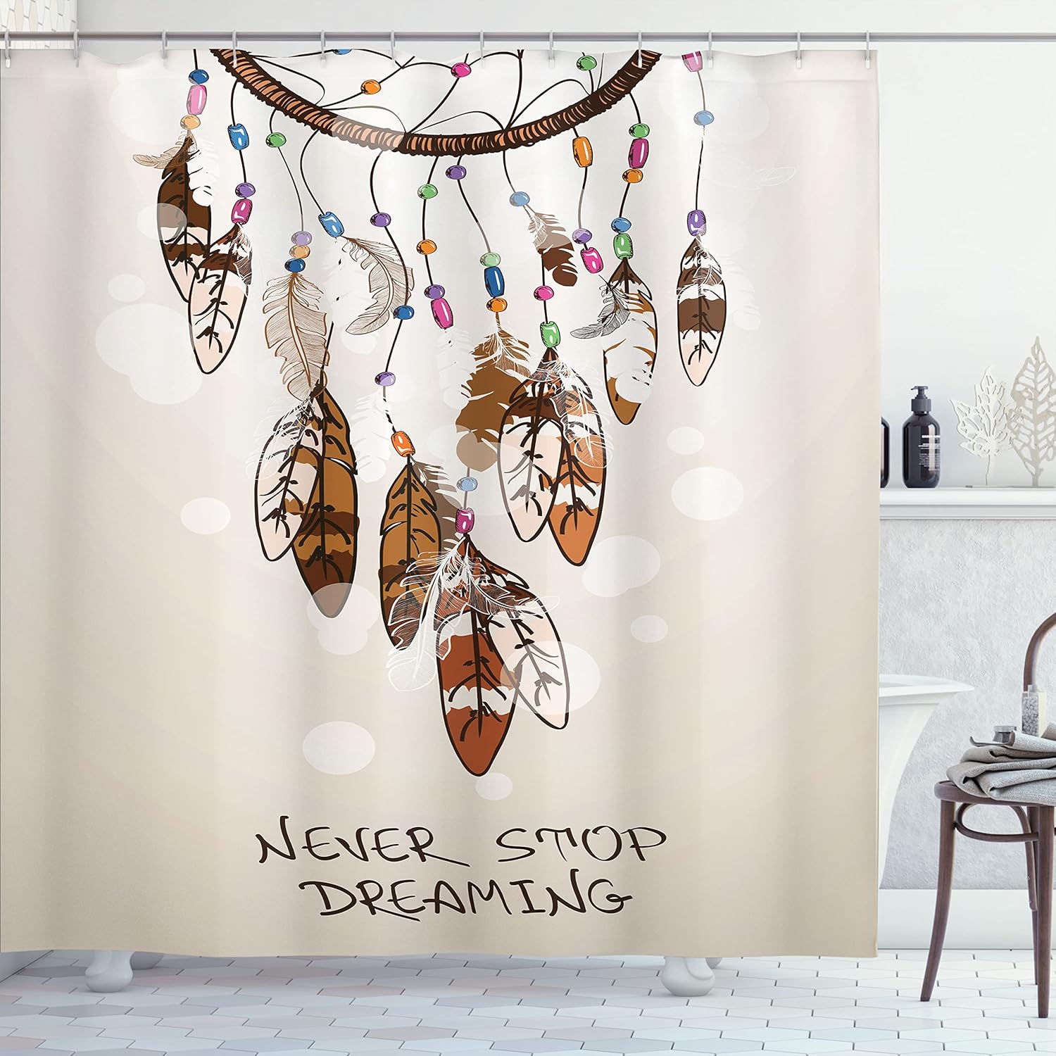 Ambesonne Bohemian Shower Curtain, Dreamcatcher Feathers Design Never Stop Dreaming Typography Cartoonish Style, Cloth Fabric Bathroom Decor Set with Hooks, 69" W x 84" L, Beige and Brown