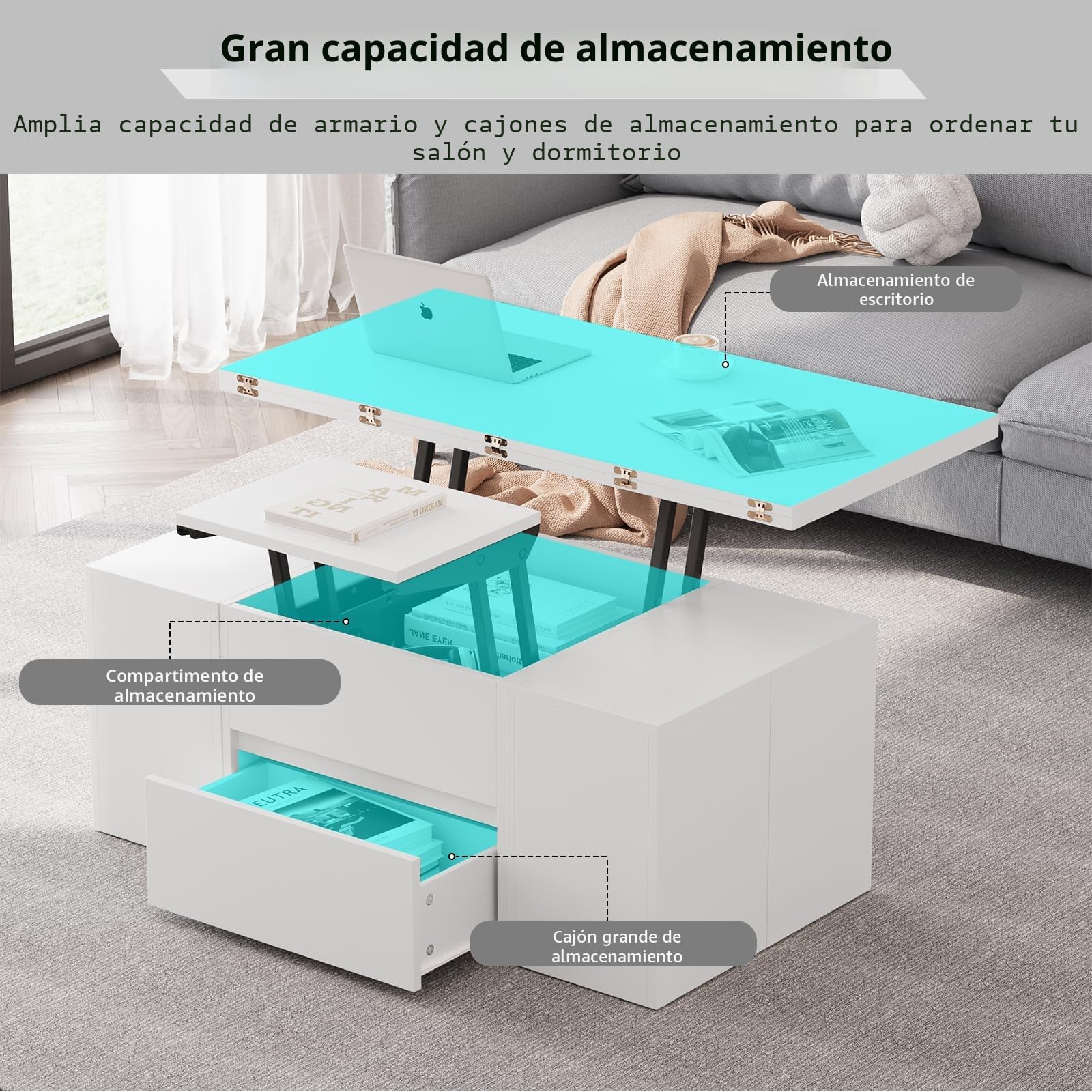 VOWNER Mesa de Centro Elevable Extensible (Blanco) | Multifuncional 4 en 1 con 4 Taburetes para Comedor de Salón